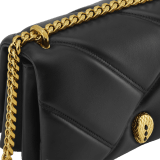 Serpenti Cabochon small shoulder bag in Roman granite brown soft calf leather with a maxi matelassé pattern and emerald green nappa leather lining. The bag features a captivating magnetic snakehead closure in light gold-plated brass embellished with gray mother-of-pearl scales, red enamel eyes and transformable chain strap. 1295-MSM image 5