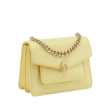 "Serpenti Forever" small maxi chain crossbody bag in peach nappa leather, with Lavander Amethyst lilac nappa leather internal lining. New Serpenti head closure in gold plated brass, finished with small pink mother-of-pearl scales in the middle and red enamel eyes. 1134-MCNa image 2