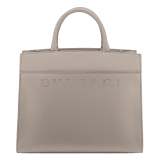 Bulgari Logo medium tote bag in foggy opal grey smooth and grained calf leather with linen agate beige grosgrain lining. Iconic Bulgari logo decorative chain in light gold-plated brass, with hook fastening. 291956 image 1