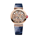 LVCEA Skeleton watch with mechanical manufacture movement, automatic winding and skeleton execution, stainless steel and 18 kt rose gold case, 18 kt rose gold openwork BVLGARI logo dial set with brilliant-cut diamonds and blue alligator bracelet with 18 kt rose gold links set with diamonds and steel ardillon buckle. Waterproof 50 m. 103502 image 1