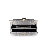 Serpenti Forever crossbody micro bag in milky opal metallic karung skin. Brass light gold plated tempting snake head closure in black and tone on tone glitter enamel, with black onyx eyes. 986-MK image 4