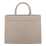 Bulgari Logo medium tote bag in black calf leather with hot-stamped Infinitum pattern on the main body and teal topaz green grosgrain lining. Light gold-plated brass hardware and magnet closure. BVL-1251M-ICL image 5