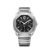 Octo Roma Chronograph watch with mechanical manufacture movement, automatic winding and chronograph functions, satin-brushed and polished stainless steel case and interchangeable bracelet, black Clous de Paris dial. Water-resistant up to 100 metres. 103471 image 1