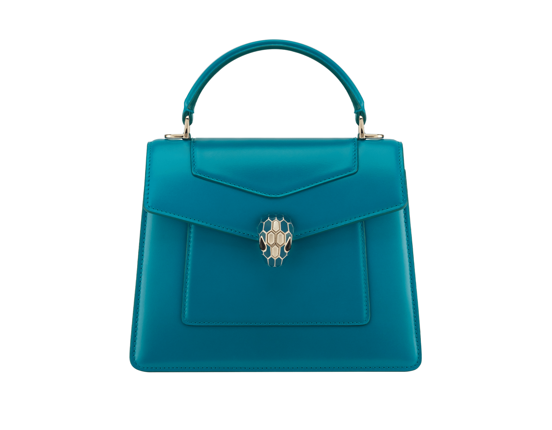Serpenti Forever medium top handle bag in emerald green calf leather with black nappa leather lining. Captivating snakehead magnetic closure in light gold-plated brass embellished with deep jade intense green enamel and light gold-plated brass scales, and black onyx eyes. SEA-1282-CL image 1