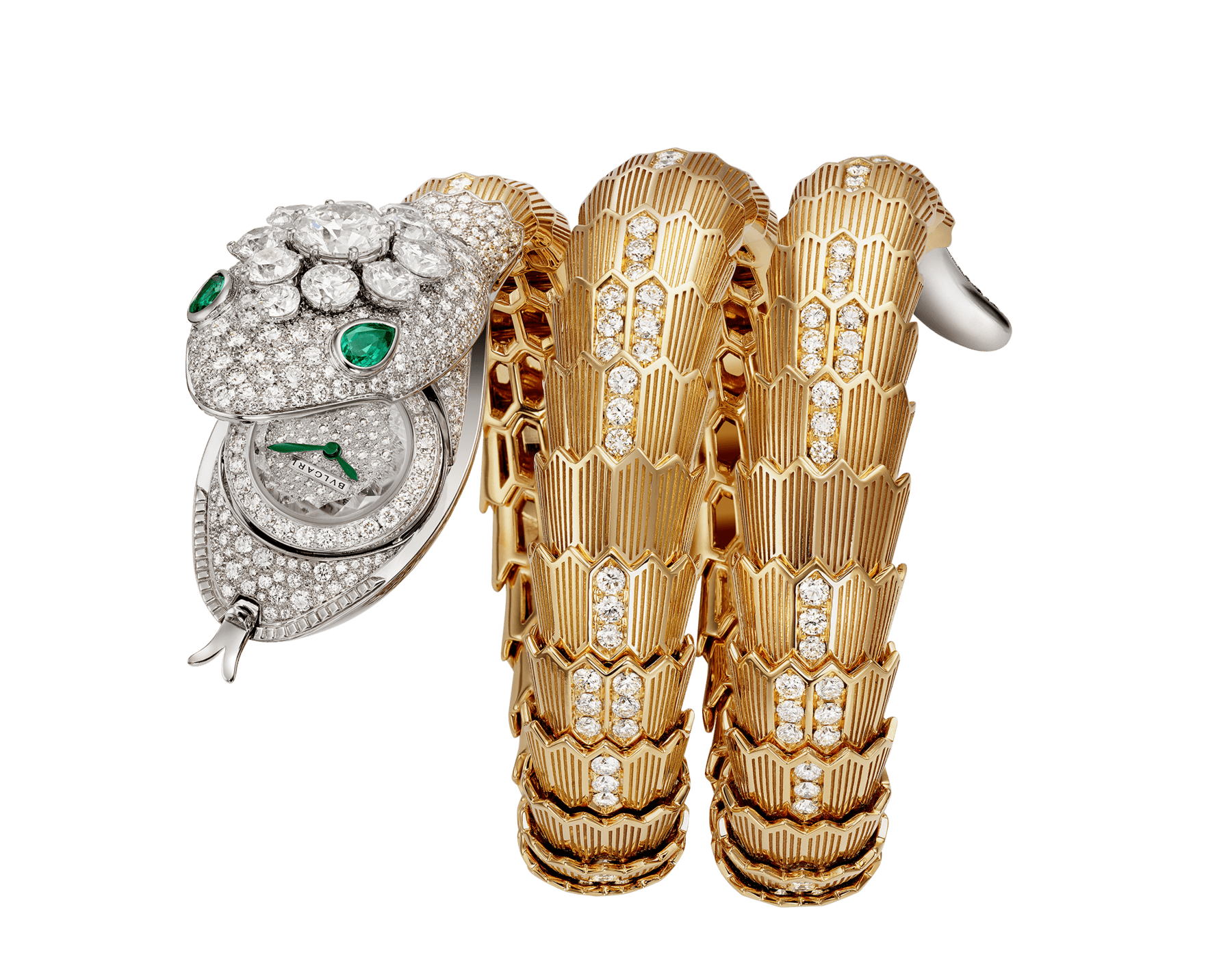 Serpenti Misteriosi High Jewellery 神秘腕錶，搭載微型機械機芯，手動上鍊，18K 白金和黃金錶殼和錶帶鑲飾明亮型切割鑽石，蛇眼鑲飾 2 顆梨形切割祖母綠，錶盤飾以密鑲鑽石。 103561 image 1