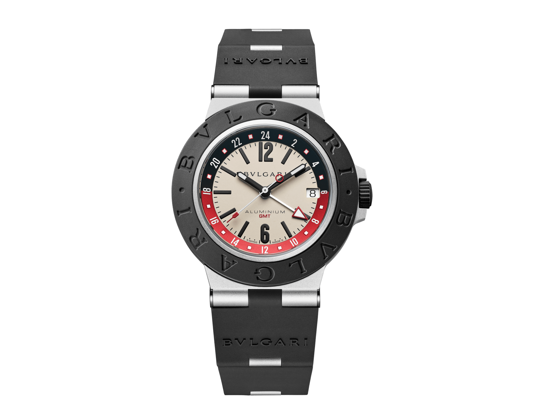 Bvlgari Aluminium GMT watch with mechanical movement, automatic winding, GMT 24h function, 40 mm aluminium case, black rubber bezel with double logo engraving, white dial, SLN indexes and hands, titanium caseback and black rubber bracelet. Water-resistant up to 100 metres 103963 image 1