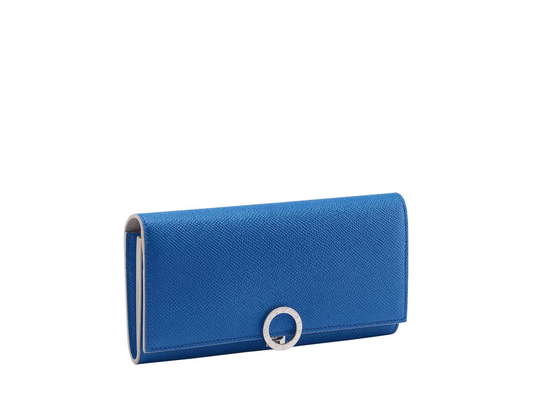 Bulgari Clip large wallet in Sahara amber light brown grained calf leather with denim sapphire blue grained calf leather interior. Iconic palladium-plated brass clip and folded closure. BCM-WLT-SLI-POC-Clb image 1