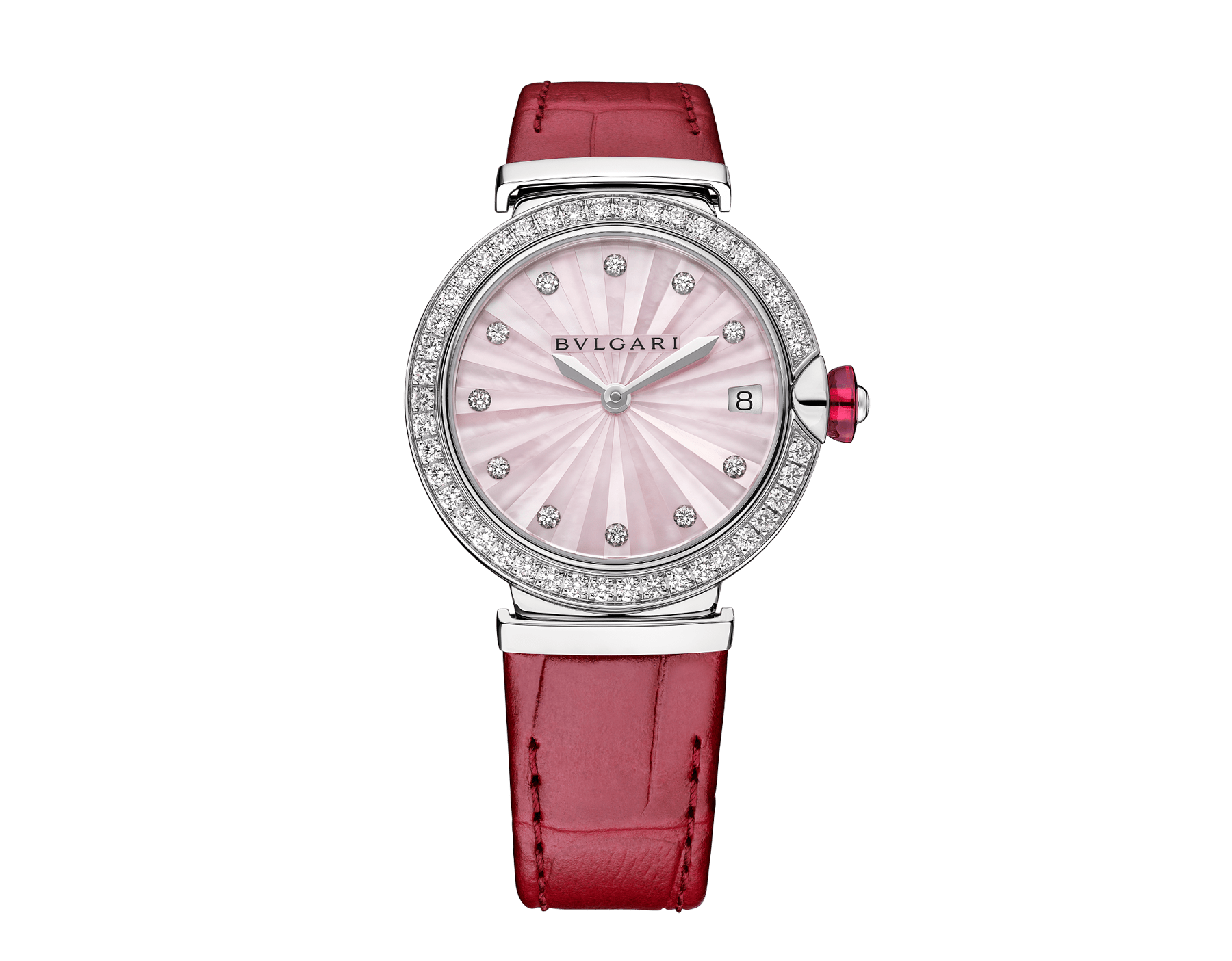 LVCEA watch with stainless steel case set with brilliant-cut diamonds, pink mother-of-pearl marquetry dial, 11 round diamond indexes and pink alligator bracelet. Water-resistant up to 30 metres. 103618 image 1