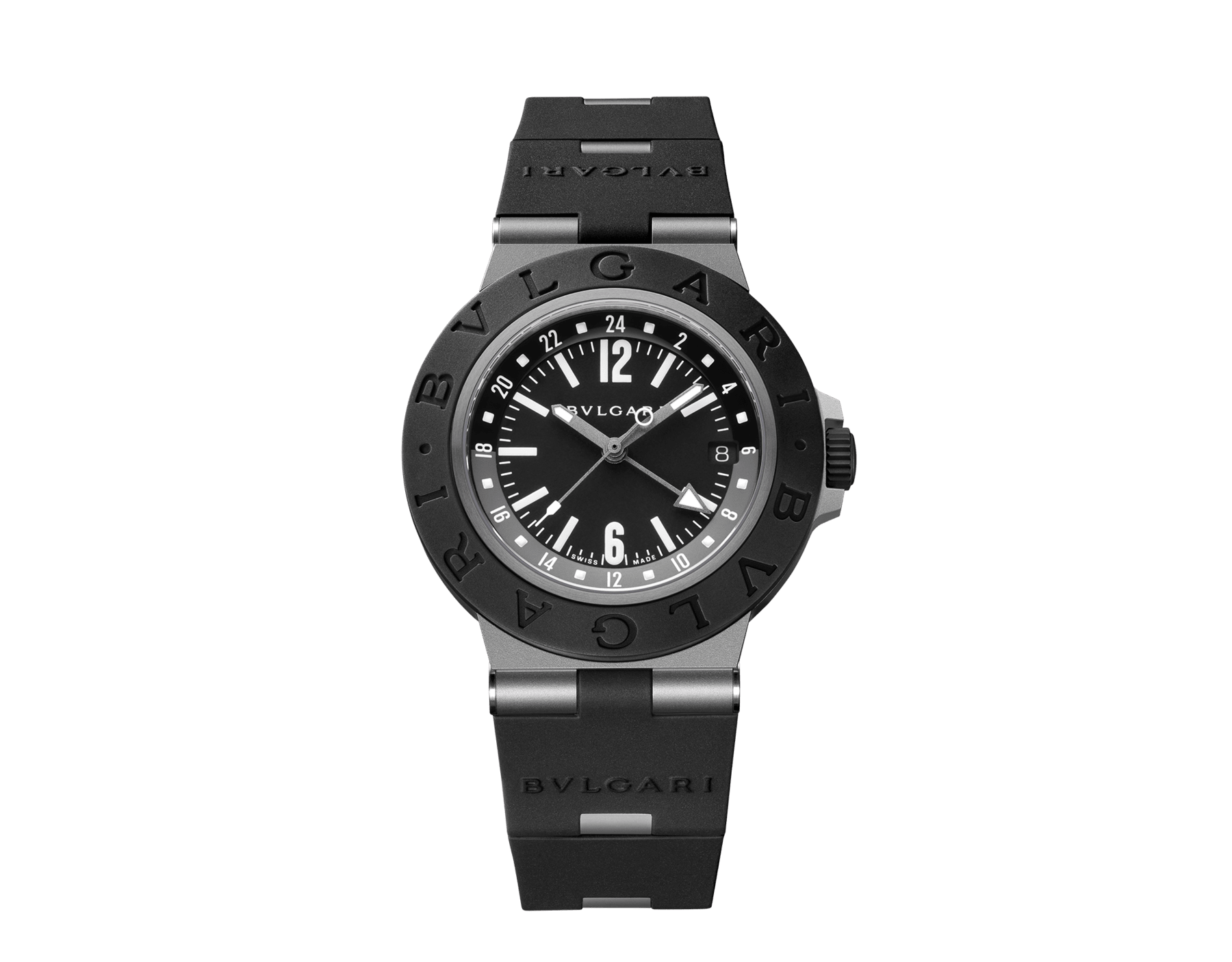 Bvlgari Titanio GMT watch with mechanical manufacture movement, automatic winding, GMT 24h function, 40 mm sandblasted titanium case, black rubber bezel with Bvlgari Bvlgari engraving, black dial and black rubber bracelet. Water-resistant up to 100 metres 104300 image 1