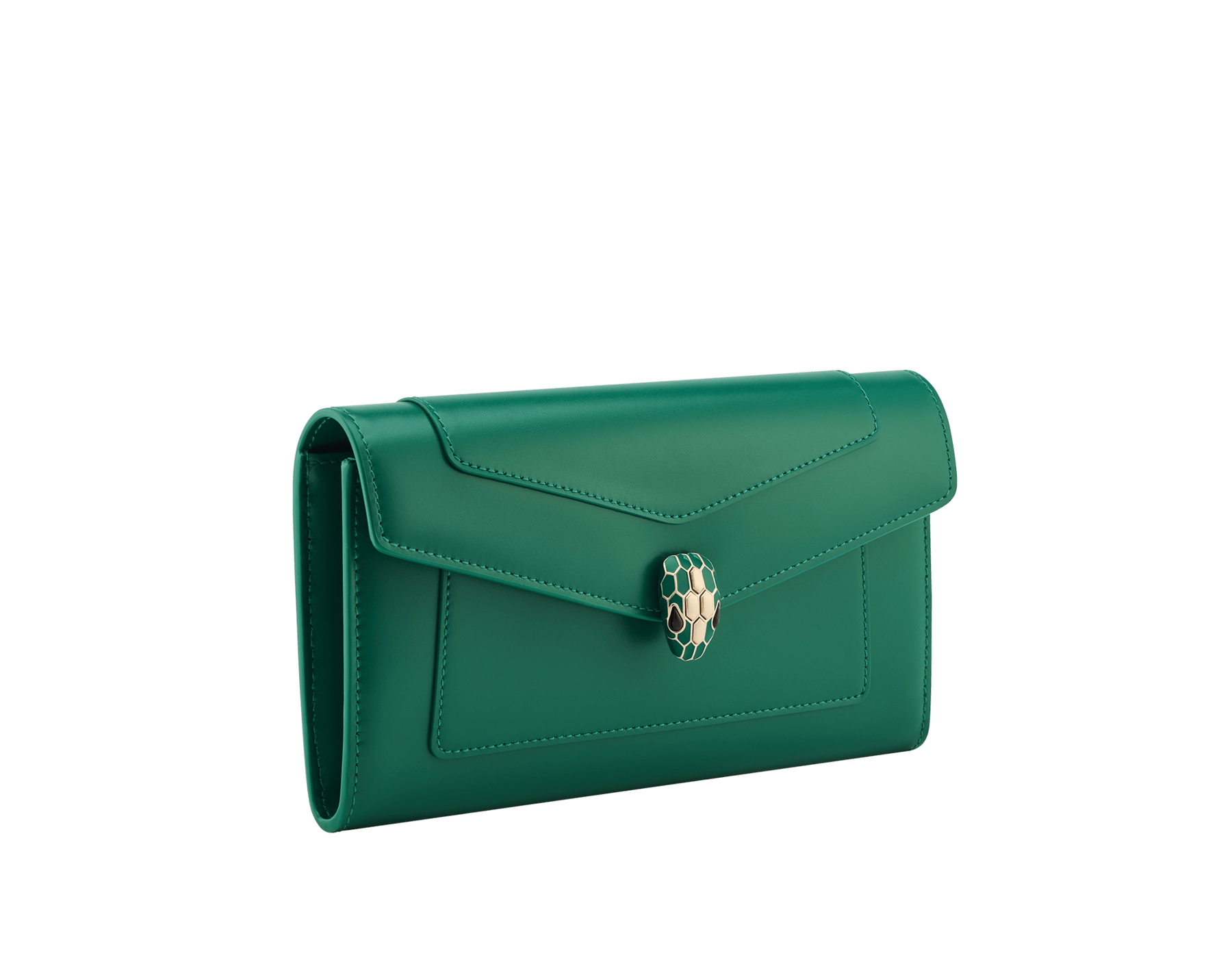 Portafoglio grande Serpenti Forever in vitello nero con interno in nappa verde smeraldo. Accattivante chiusura magnetica Serpenti in ottone placcato oro chiaro con squame in smalto nero e ottone placcato oro chiaro e occhi in onice nera. SEA-LONG-WLT-R image 1
