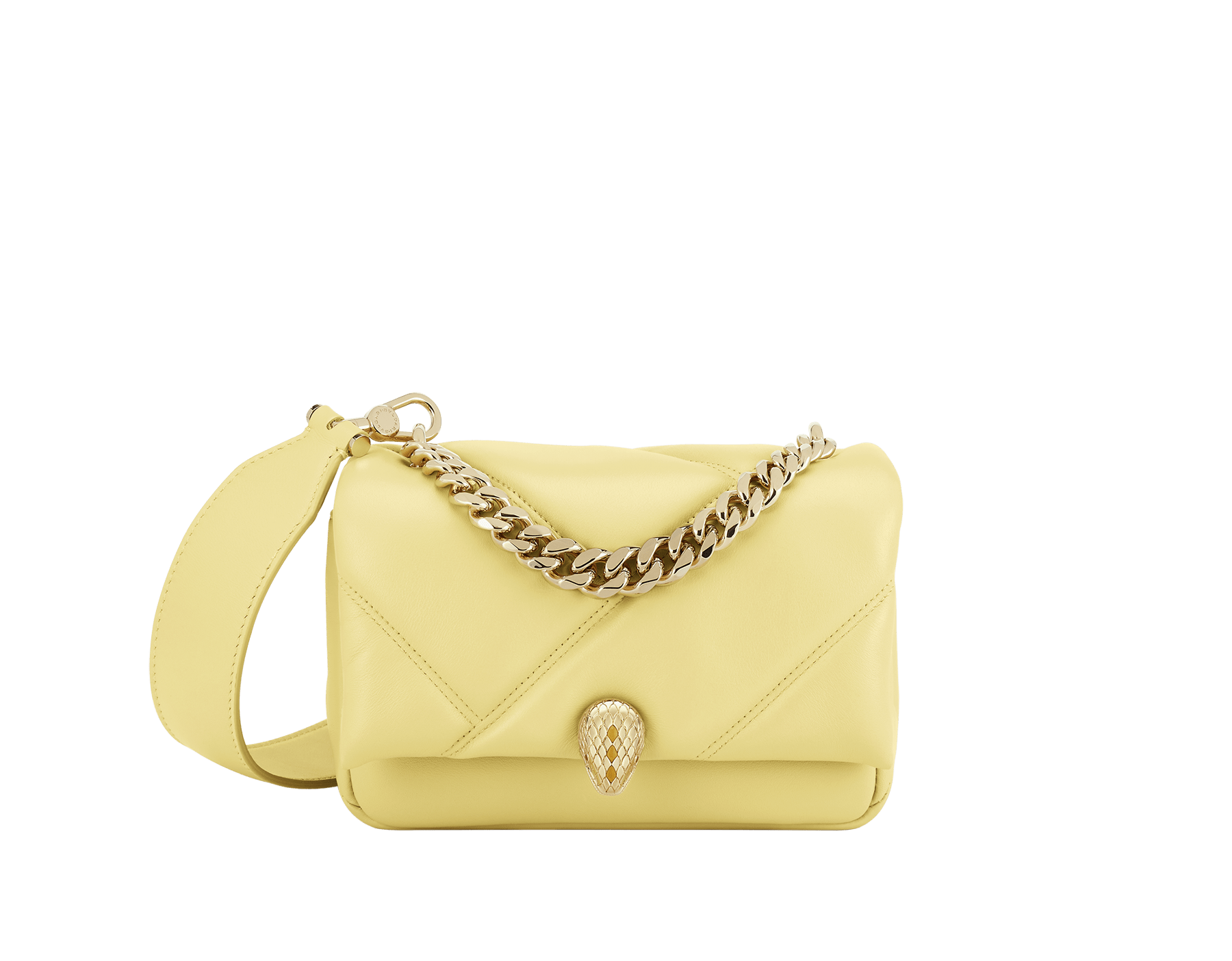 "Serpenti Cabochon" maxi chain crossbody mini bag in soft quilted Ivory Opal white calf leather, with a maxi graphic motif, and black nappa leather internal lining. New Serpenti head closure in gold-plated brass, finished with small white mother-of-pearl scales in the middle, and red enamel eyes. 1164-MSMa image 1