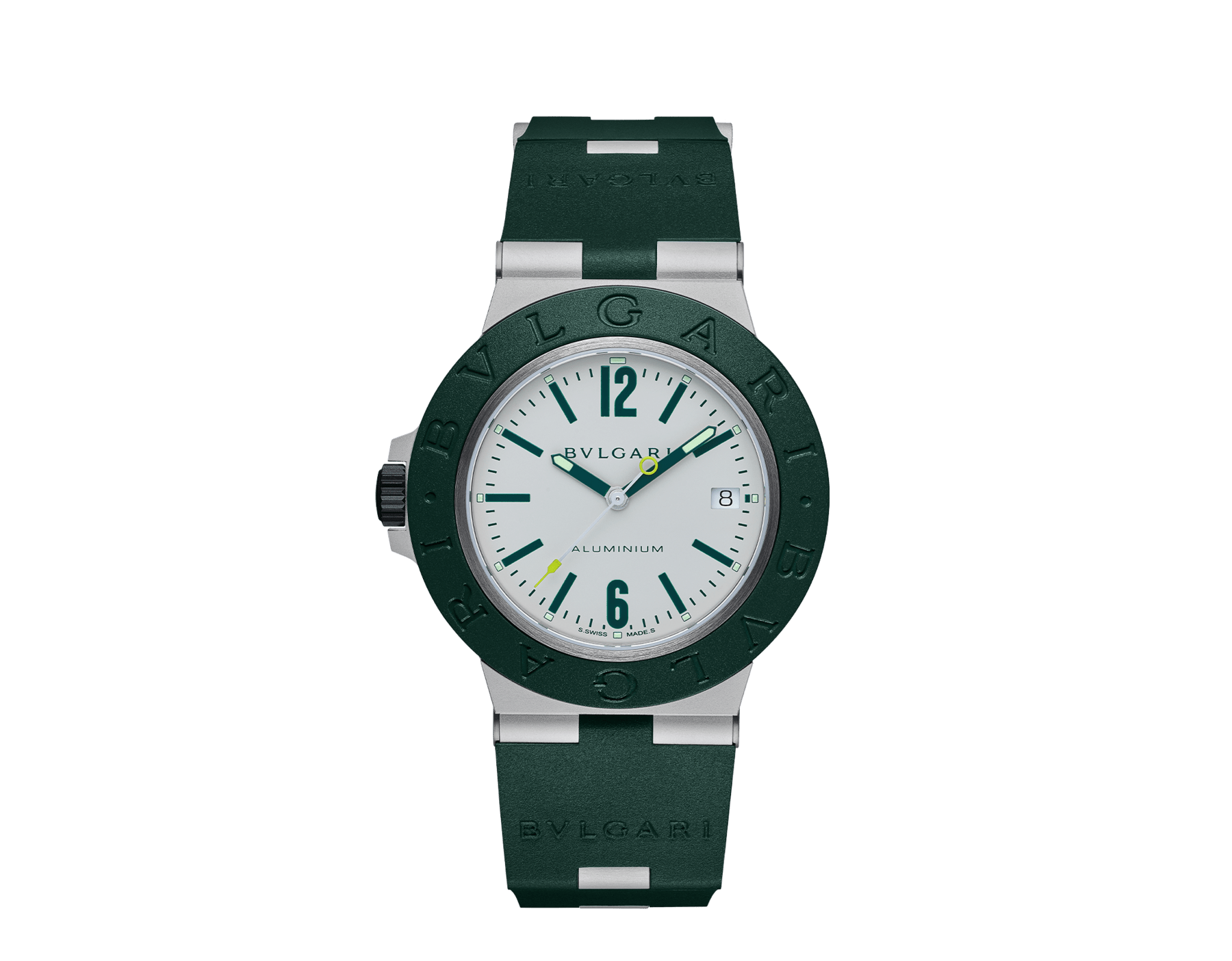 Bvlgari Aluminium Match Point Edition watch with mechanical manufacture movement, automatic winding, 40 mm aluminum case, dark green rubber bezel and bracelet, and white dial. Water-resistant up to 100 meters. Special Edition limited to 800 pieces. 103854 image 1