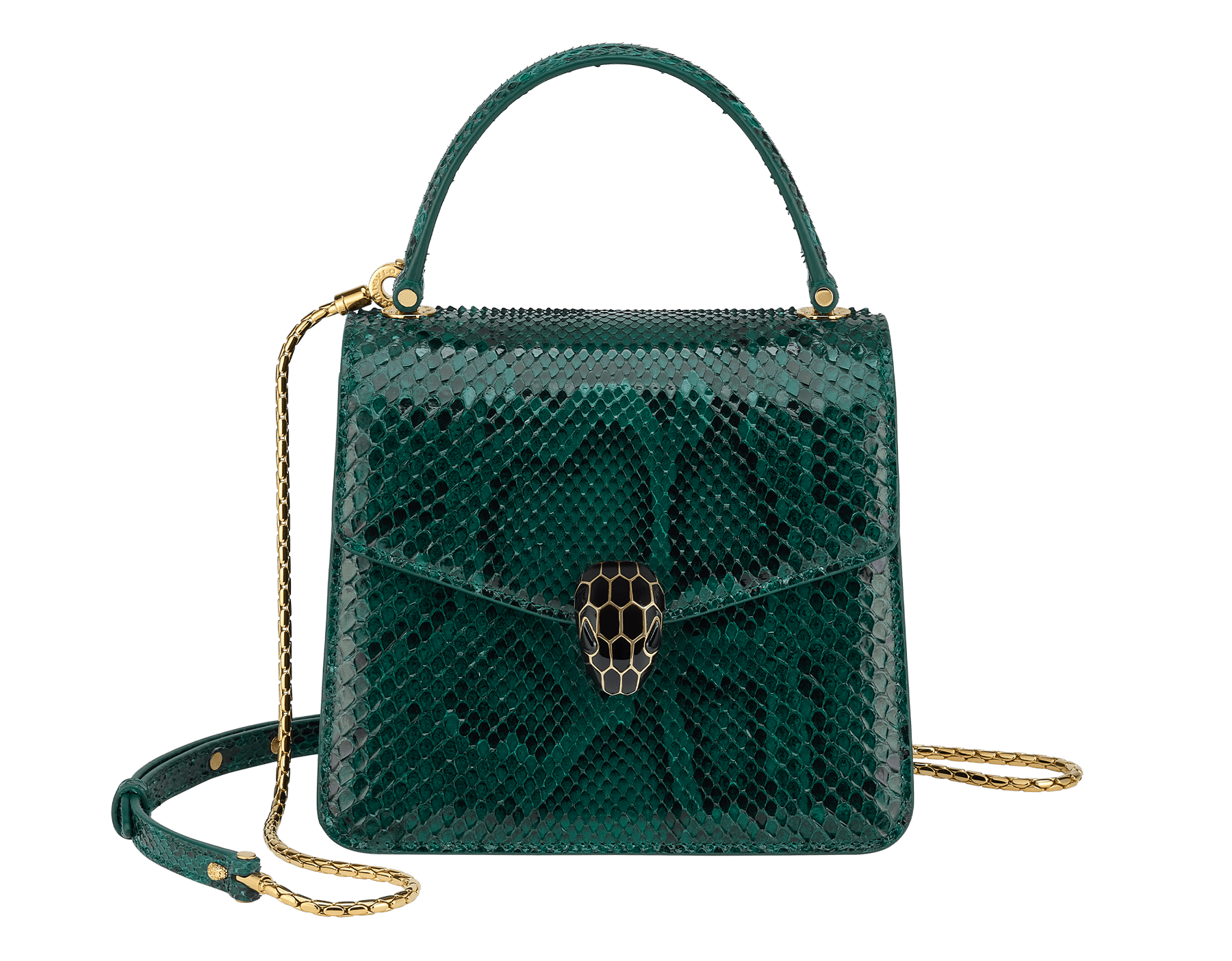Serpenti Forever top handle bag in multicolour Early Bright python skin with caramel topaz beige nappa leather lining. Captivating snakehead closure in light gold-plated brass embellished with black and caramel topaz beige enamel scales and black onyx eyes. 1122-P image 1