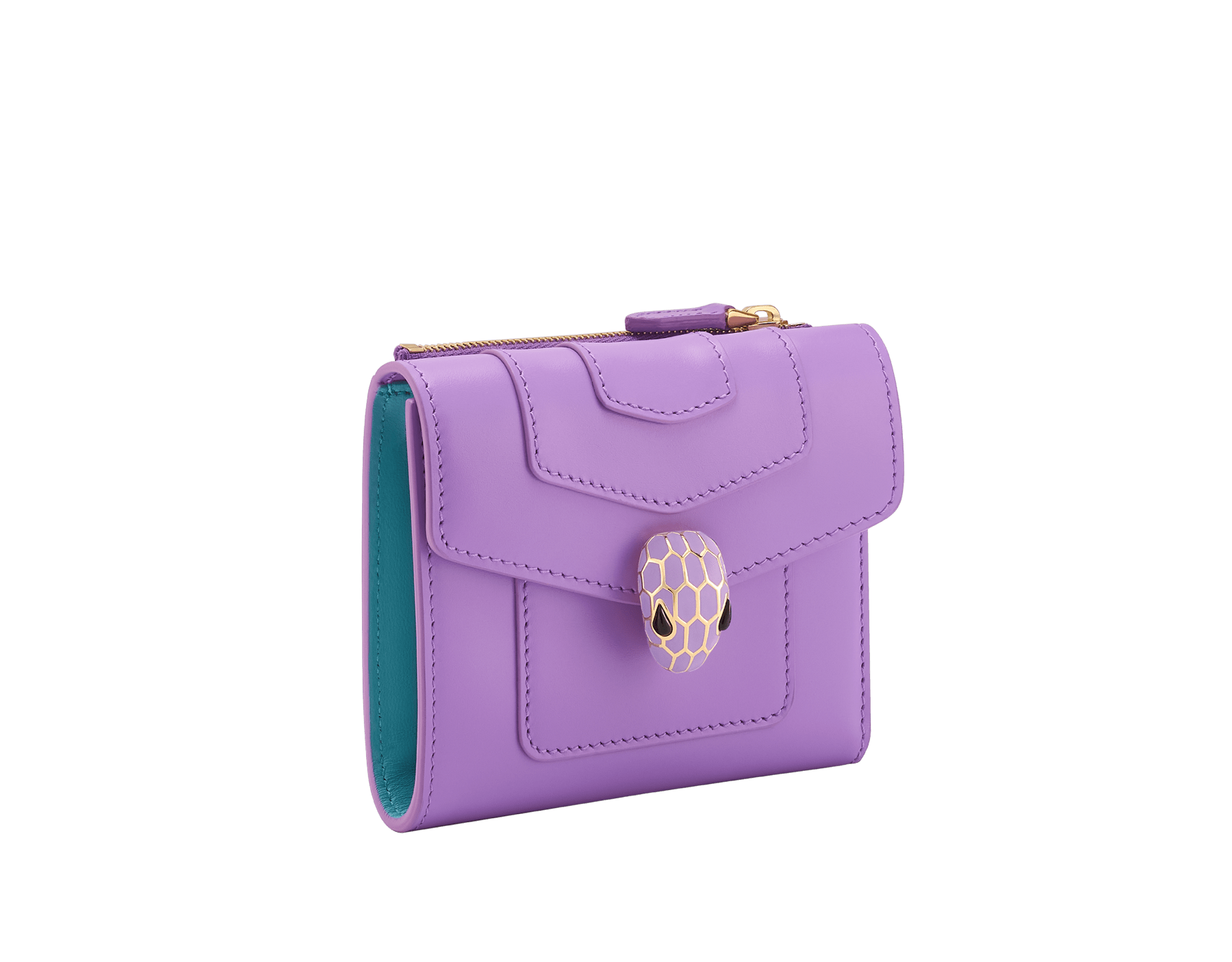 "Serpenti Forever" compact wallet in emerald green calf leather and Violet Amethyst purple calf leather. Iconic snakehead stud closure in light gold-plated brass enamelled in black and white agate, and green malachite eyes. SEA-WLT3FOLDCOMP image 1