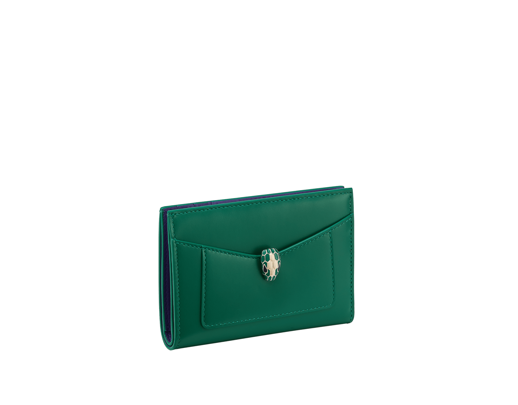 Serpenti Forever folded card holder in light gold Striated calf leather with linen agate nappa leather interior. Captivating snakehead décor in light gold-plated brass embellished with champagne enamel and light gold-plated brass scales, and black enamel eyes; press-button closure. SEA-CC-HOLD-FOLD-R image 1