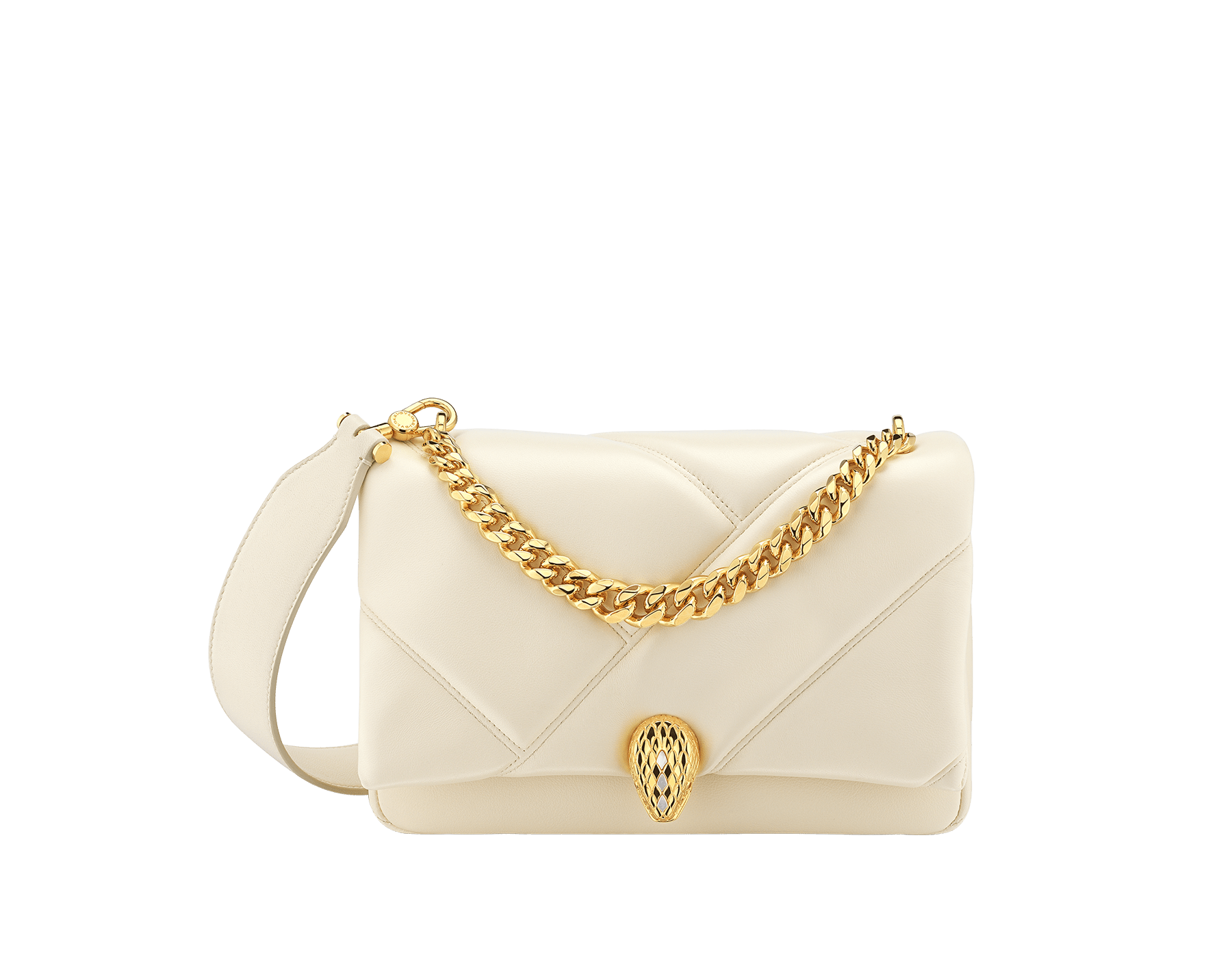 "Serpenti Cabochon" small maxi chain crossbody bag in soft quilted Ivory Opal white calf leather, with a maxi graphic motif, and black nappa leather internal lining. New Serpenti head closure in gold plated brass, finished with small white mother-of pearl scales in the middle and red enamel eyes. 1165-NSMb image 1
