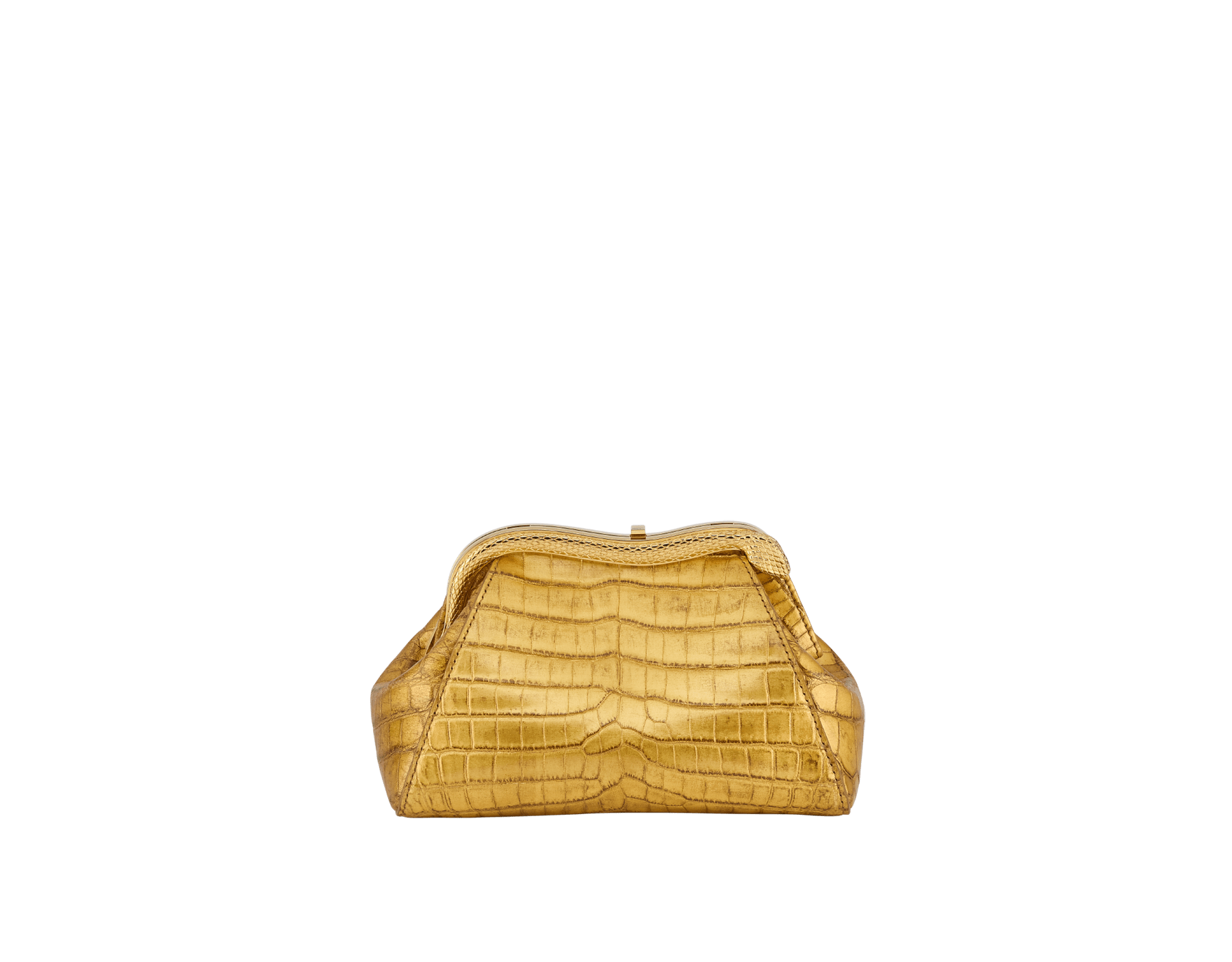 Serpentine small pouch in antique gold soft metallic crocodile skin with 24 kt gold treatment and emerald green nappa leather lining. Captivating snake-shaped frame in gold-plated brass including 3 µ of 24 kt gold, embellished with engraved scales and red enamel eyes on one side and antique gold soft metallic crocodile insert on the other, and press-button closure. Exclusive Bulgari 50th anniversary in the US Edition. 292591 image 1