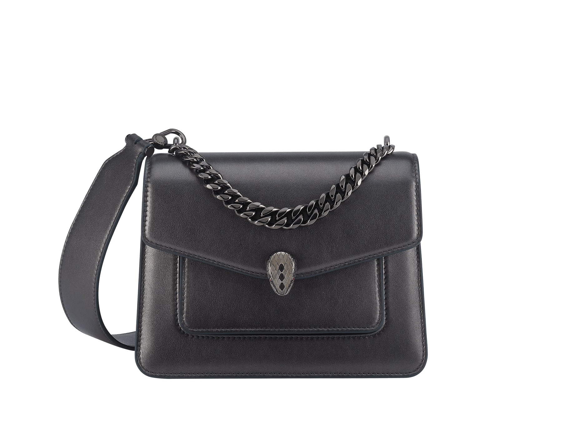 Serpenti Forever Maxi Chain small crossbody bag in flash diamond white grained calf leather with foggy opal grey nappa leather lining. Captivating snakehead magnetic closure in gold-plated brass embellished with white mother-of-pearl scales and red enamel eyes. 1134-MCGC image 1