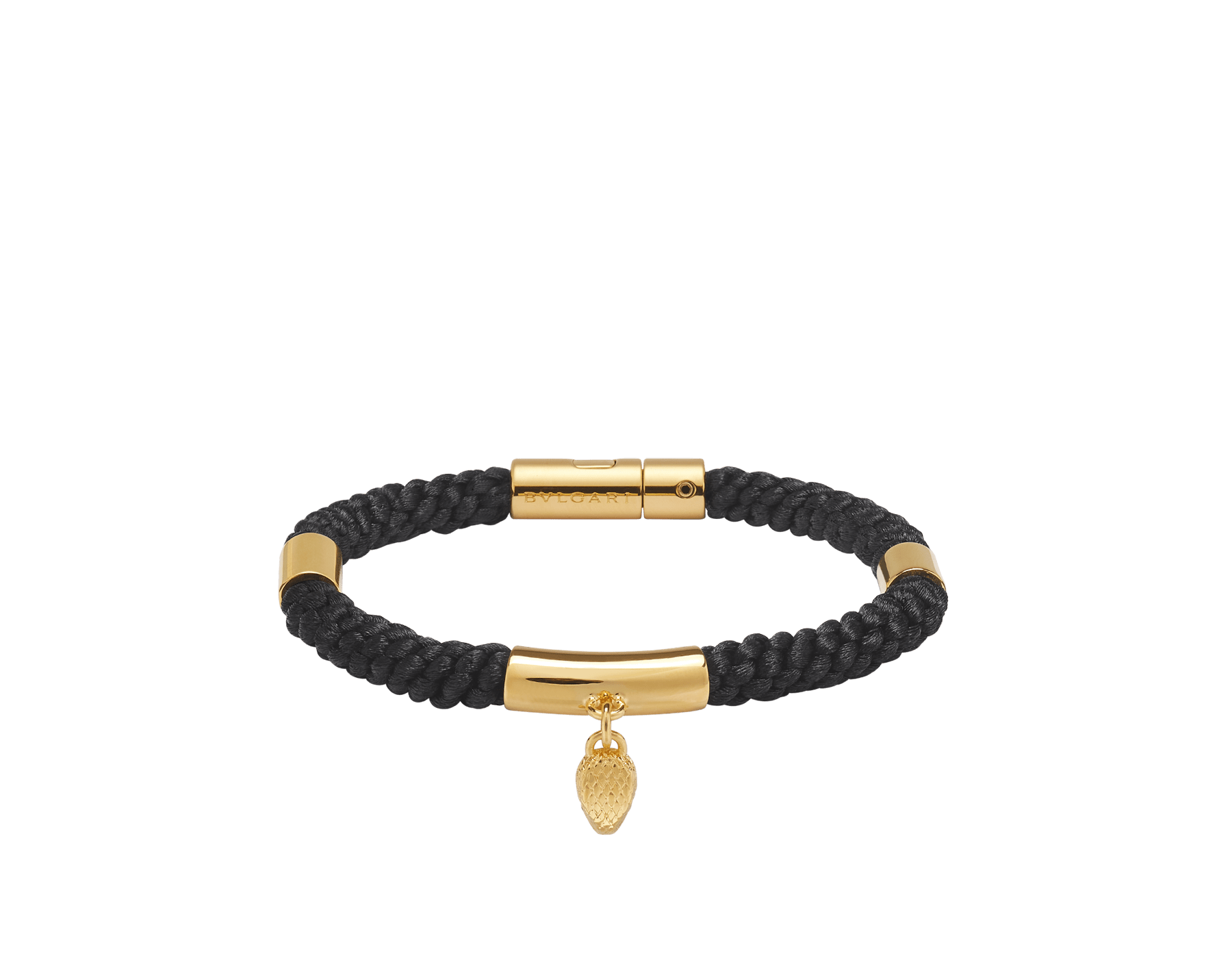 Serpenti Forever bracelet in black woven fabric. Captivating snakehead charm in gold-plated brass embellished with red enamel eyes, and press-stud closure. SERPMULTISTRING-WF-B image 1