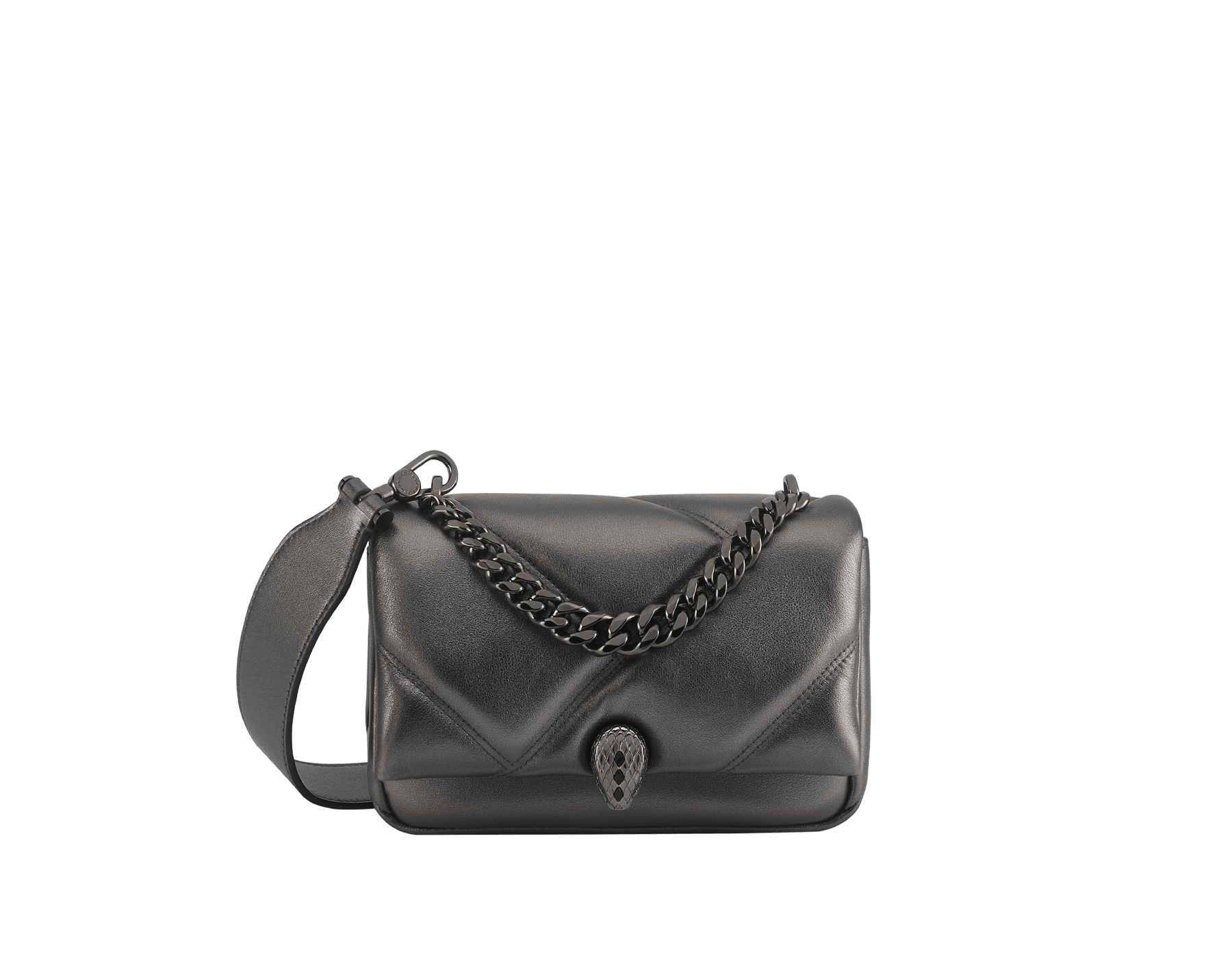 "Serpenti Cabochon" maxi chain crossbody mini bag in soft quilted black calf leather, with a maxi graphic motif, and black nappa leather internal lining. New Serpenti head closure in dark ruthenium-plated brass and finished with small black onyx scales in the middle and red enamel eyes. 1164-MSMc image 1