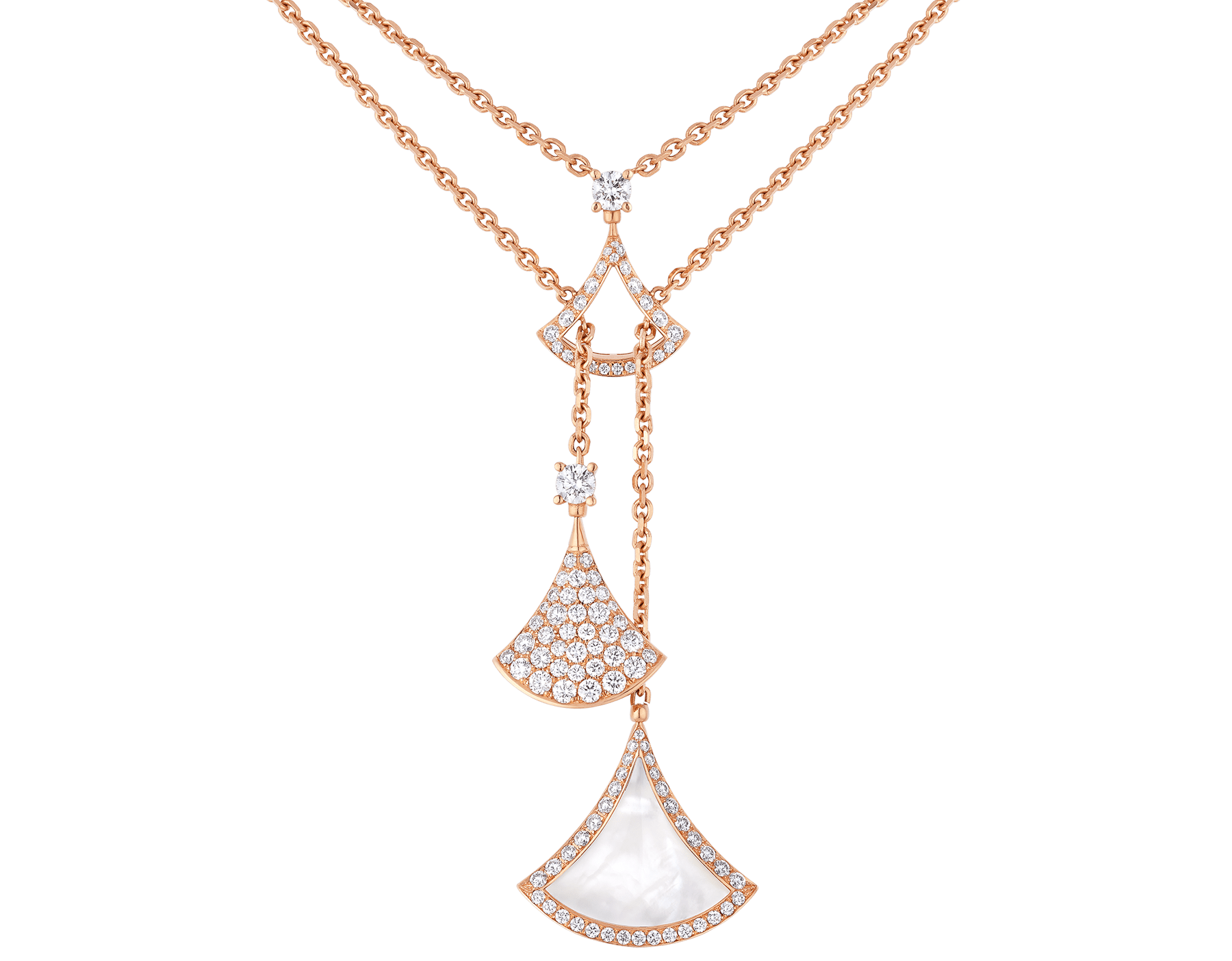 DIVAS' DREAM necklace in 18 kt rose gold with three fan-shaped motifs set with a mother-of-pearl insert and pavé diamonds 358682 image 1
