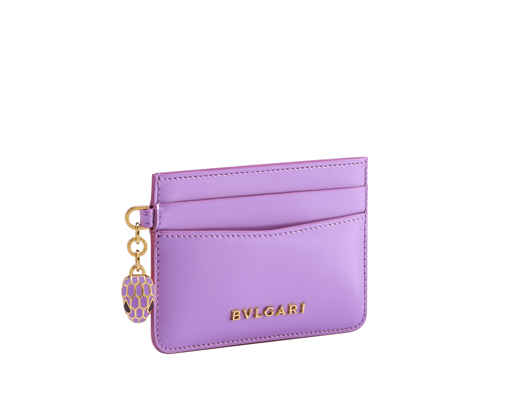 Serpenti Forever card holder in sheer amethyst lilac patent calf leather with black nappa leather lining. Captivating snakehead charm in gold-plated brass embellished with matt sheer amethyst lilac enamel scales and black enamel eyes. SEA-CC-HOLDER-VCL image 1