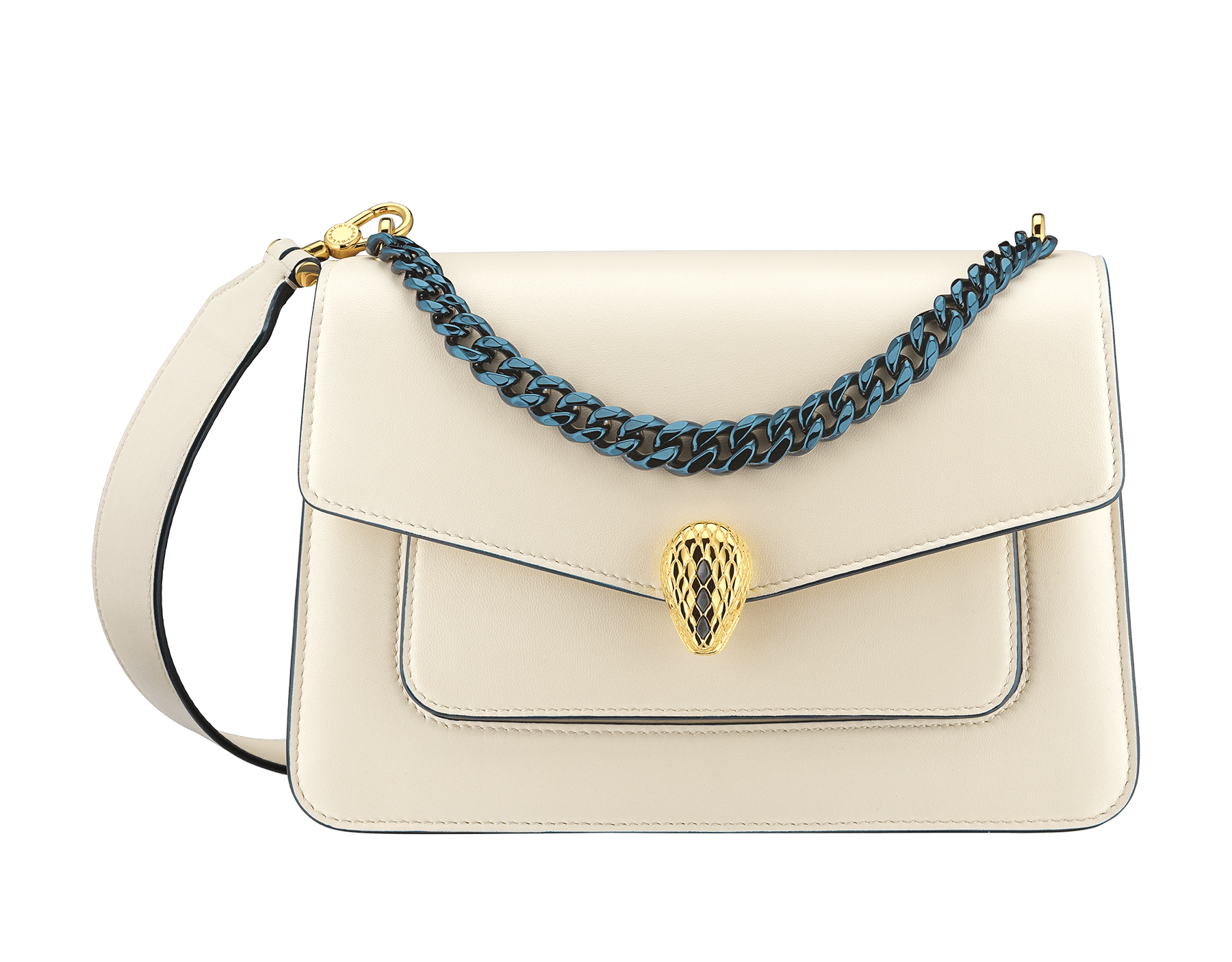 "Serpenti Forever" maxi chain crossbody bag in Ivory Opal white nappa leather, with an Deep Garnet bordeaux nappa leather internal lining. New Serpenti head closure in gold-plated brass, finished with small grey mother-of-pearl scales in the middle, and red enamel eyes. 1138-MCNb image 1