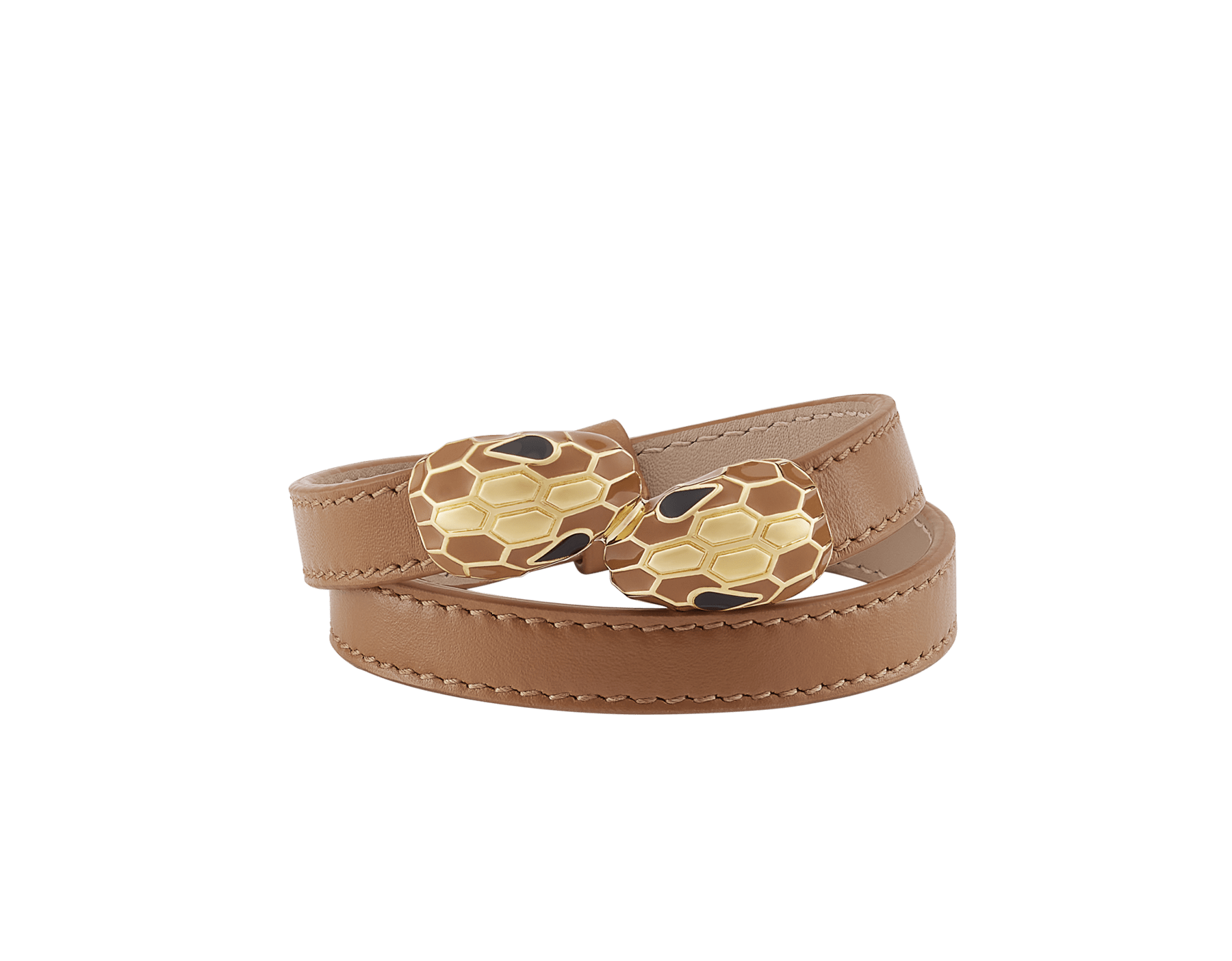Serpenti Forever multi-coil bracelet in desert jasper calf leather. Single-rivet contraire snakehead closure in gold-plated brass embellished with desert jasper enamel and gold-plated brass scales, and black enamel eyes. BRACLT-MC-SERP image 1