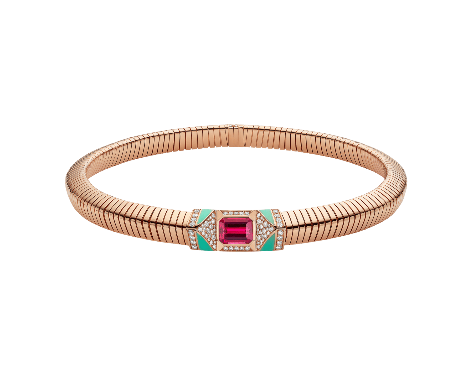 Bvlgari Tubogas 18 kt rose gold necklace set with a central rubellite, chrysoprase inserts and pavé diamonds CL860177 image 1