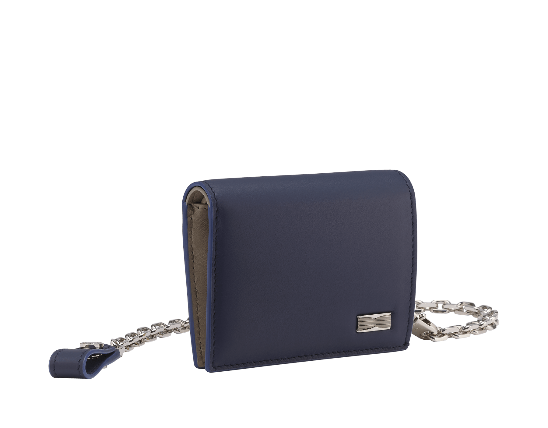B.zero1 Man compact wallet with chain in black matt calf leather with niagara sapphire blue nappa leather interior. Iconic dark ruthenium and palladium-plated brass embellishment, and folded press-stud closure. BZM-COMPACTWALLET image 1