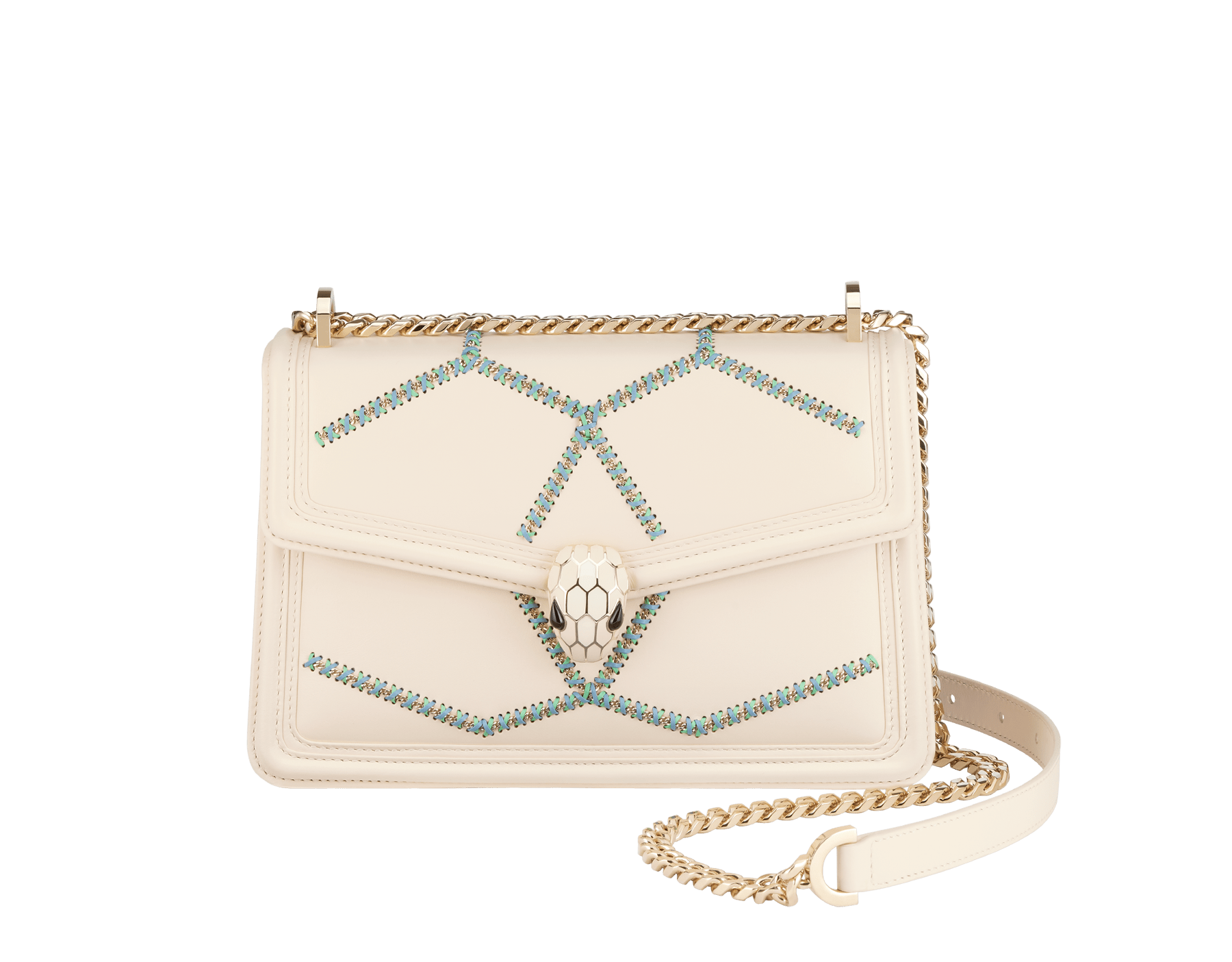 Serpenti Diamond Blast small shoulder bag in ivory opal calf leather with twisted chain and leather décor, and Niagara sapphire blue nappa leather lining. Captivating snakehead closure in light gold-plated brass embellished with matt and shiny ivory opal enamel scales and black onyx eyes. 291725 image 1