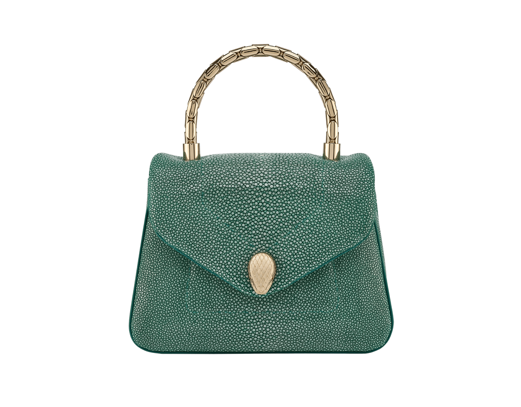 Serpenti Reverse small top handle bag in soft emerald green galuchat skin with amethyst purple nappa leather lining. Captivating magnetic snakehead closure in light gold-plated brass embellished with red enamel eyes. 1234-SG image 1