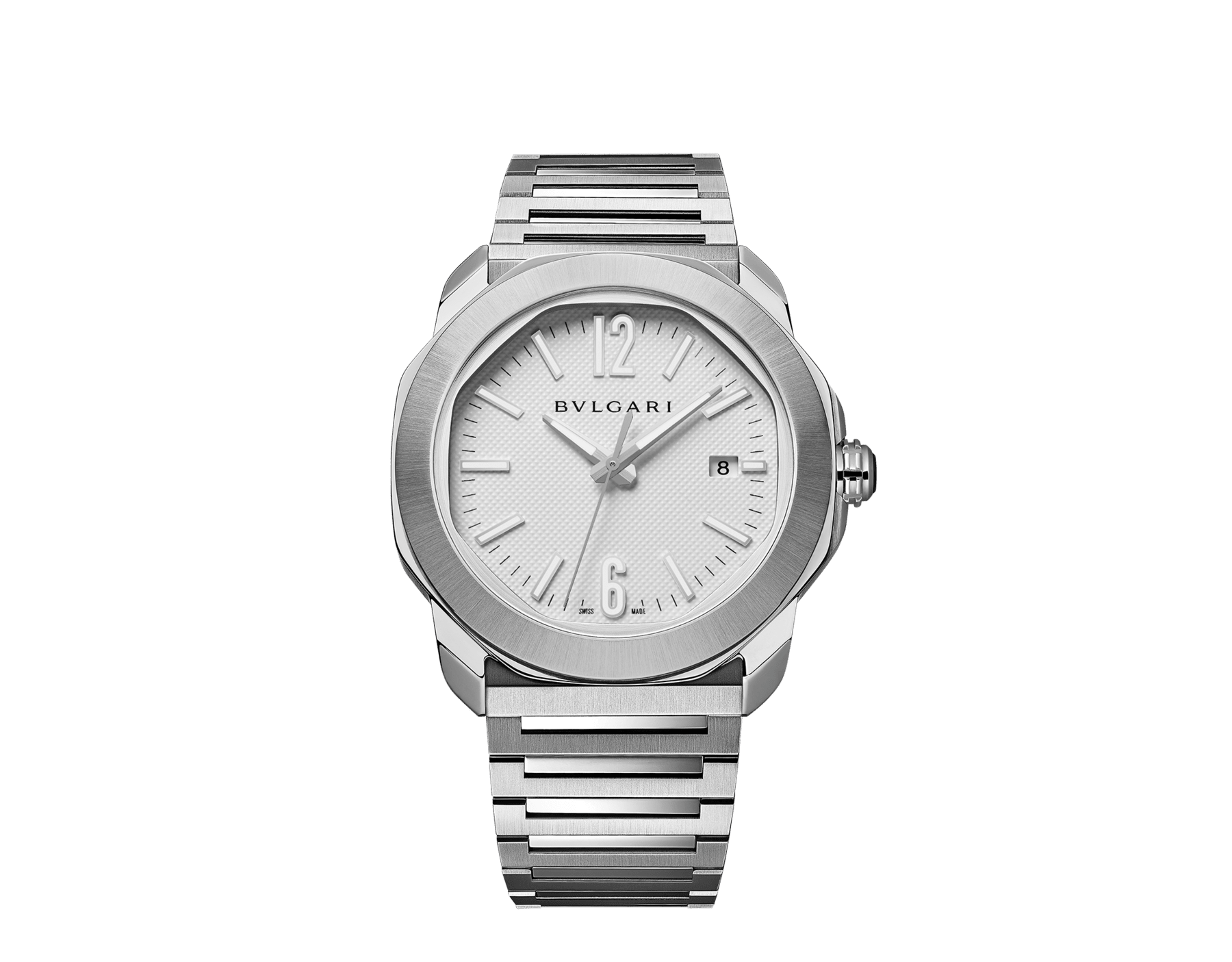 Octo Roma Automatic watch with mechanical manufacture movement, automatic winding, satin-brushed and polished stainless steel case and interchangeable bracelet, white Clous de Paris dial. Water resistant up to 100 meters 103738 image 1