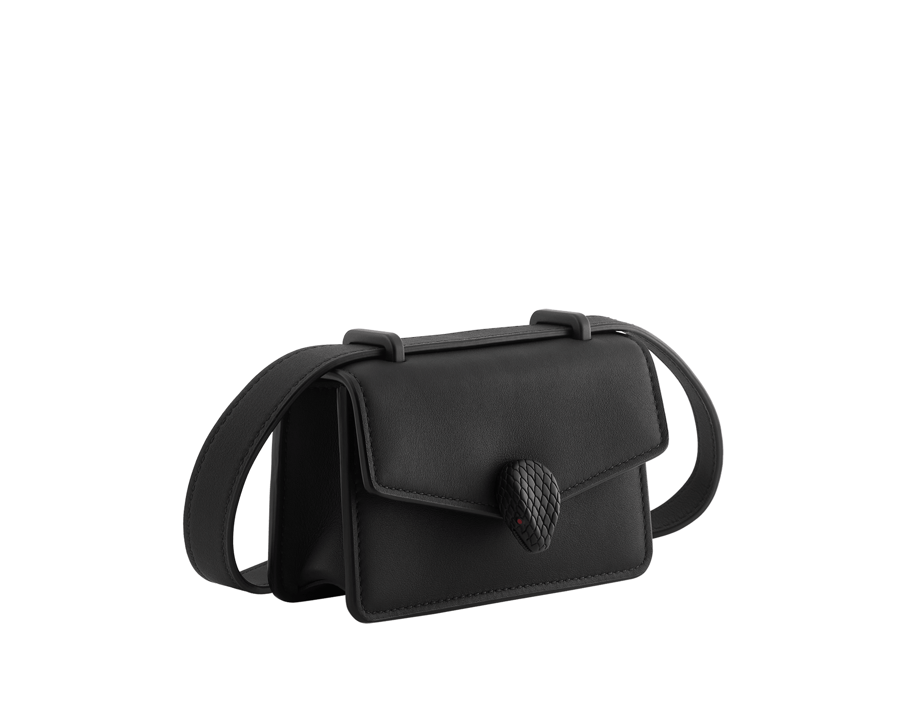 Serpenti Forever unisex micro bag in matte black calf leather with black nappa leather lining. Captivating snakehead closure in dark ruthenium-plated brass enameled in matte black and embellished with red enamel eyes. SEA-UNIMINIBAG image 1