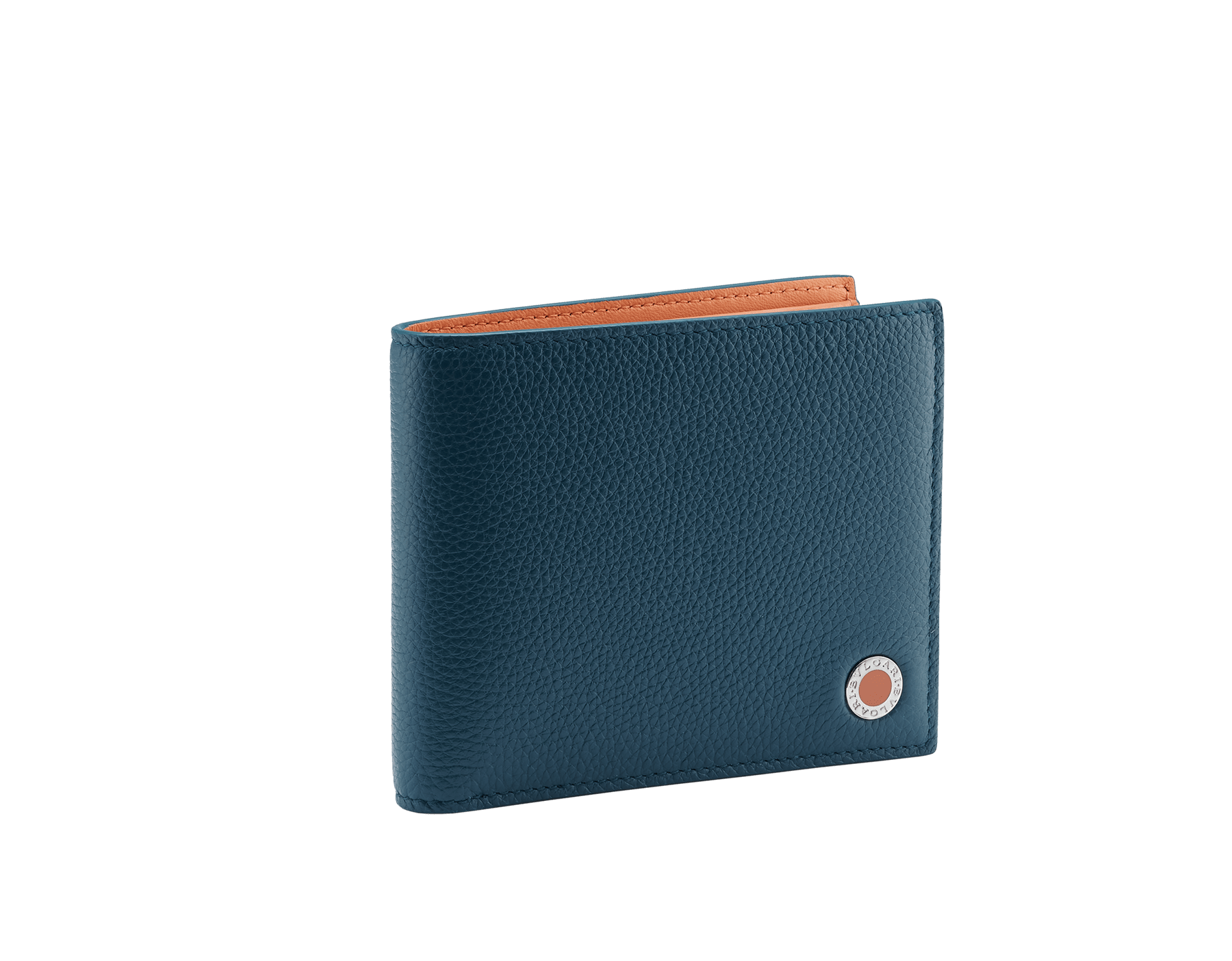 "BVLGARI BVLGARI" hipster compact wallet in denim sapphire soft full grain calf leather and capri turquoise calf leather. Iconic logo decoration in palladium plated brass coloured in capri turquoise enamel. BBM-WLT-HIPST-8C-SFGCL image 1