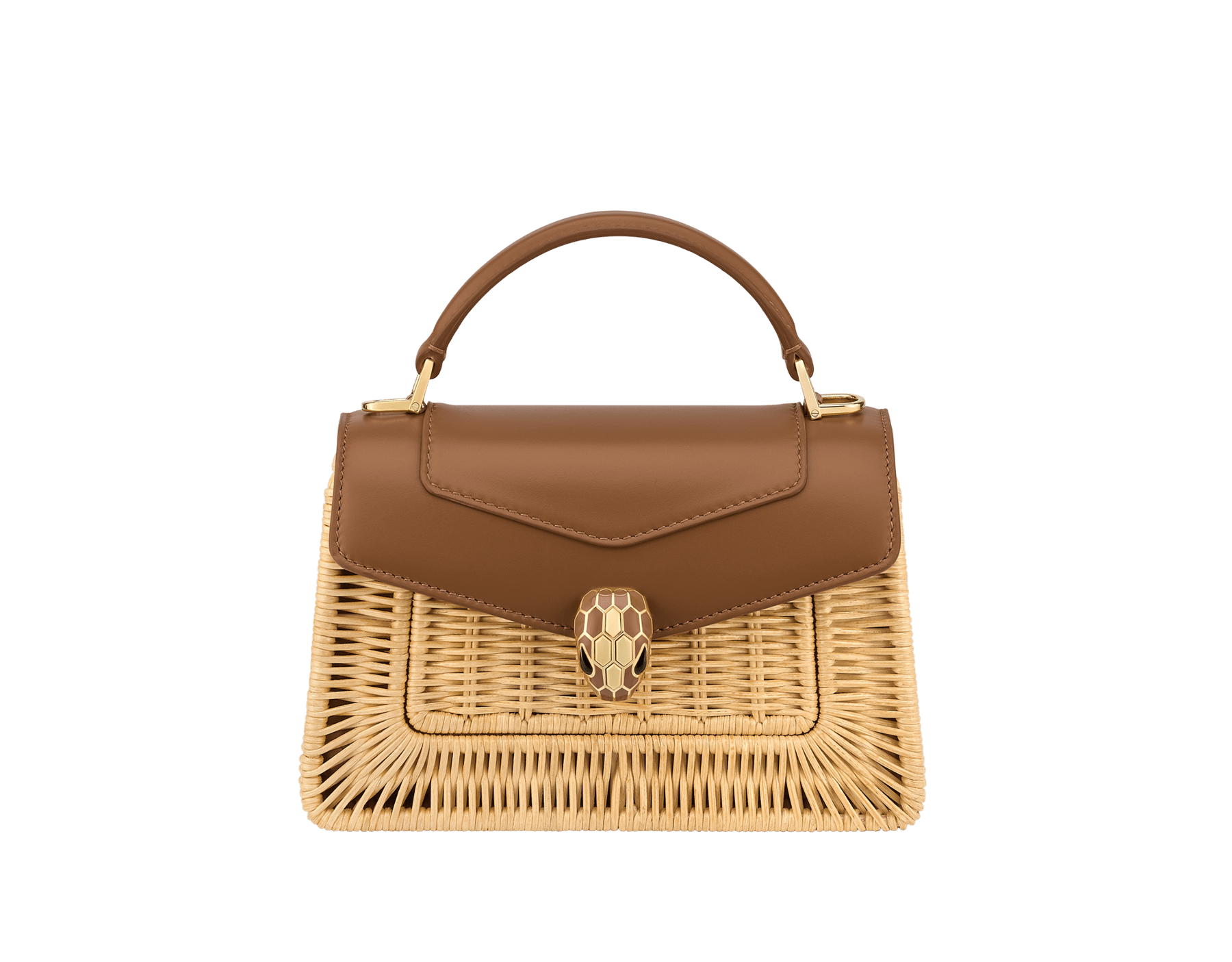Mini borsa a mano Serpenti Forever in vimini marrone diaspro del deserto con dettagli in vitello marrone diaspro del deserto e fodera in nappa marrone diaspro del deserto. Accattivante chiusura magnetica Serpenti in ottone placcato oro con squame in smalto marrone diaspro del deserto e ottone placcato oro e occhi in onice nera. 294675 image 1