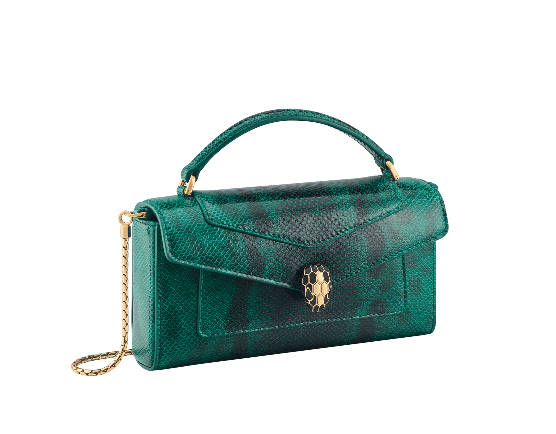 Pochette per smartphone Serpenti Forever in karung lucido color smeraldo prezioso con fodera in nappa nera. Accattivante chiusura magnetica Serpenti in ottone placcato oro con squame in smalto nero e placcate oro e occhi in onice nera. 294923 image 1