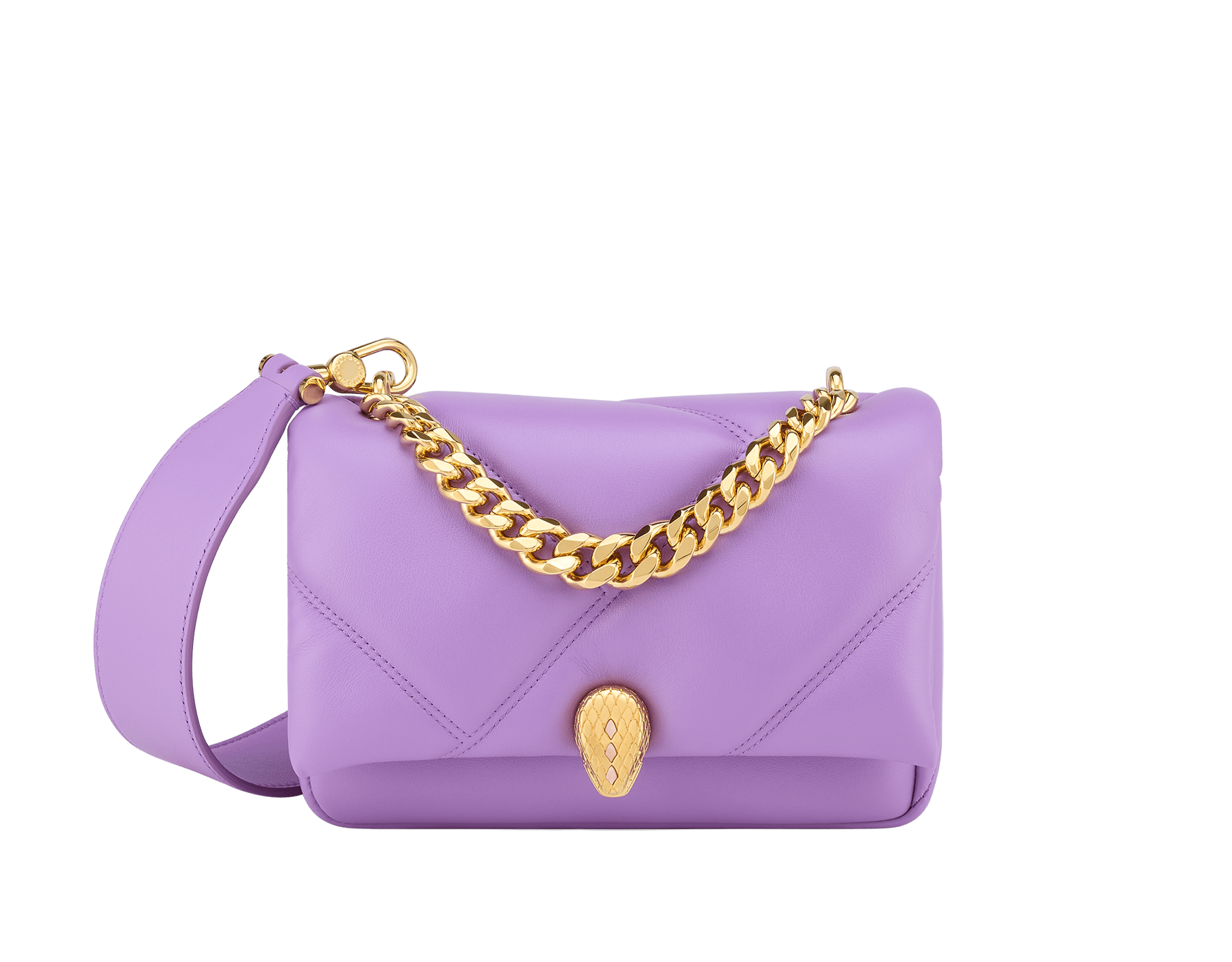 Serpenti Cabochon Crossbody-Minitasche mit Maxi-Kette aus weichem Kalbsleder in Ivory Opal Weiß mit grafischem Steppmotiv im Maxi-Format und Futter aus schwarzem Nappaleder. Neuer Serpenti Schlangenkopf-Verschluss aus vergoldetem Messing mit kleinen Schuppen aus weißem Perlmutt in der Mitte und Augen aus rubinroter Emaille. 1164-MSMa image 1