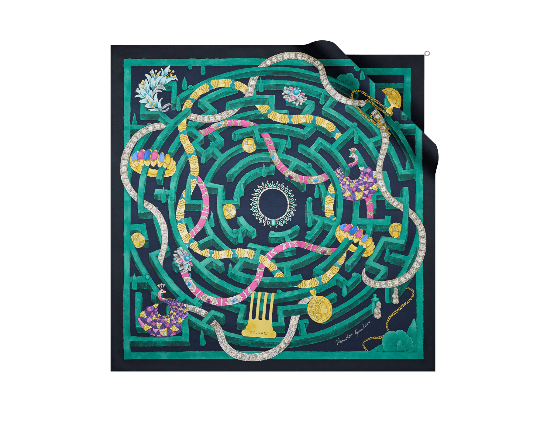Wonder Garden scarf in fine Eden green silk twill with a BVLGARI BVLGARI metal pendant. Made of 100% silk. WONDERGARDEN-SQ image 1
