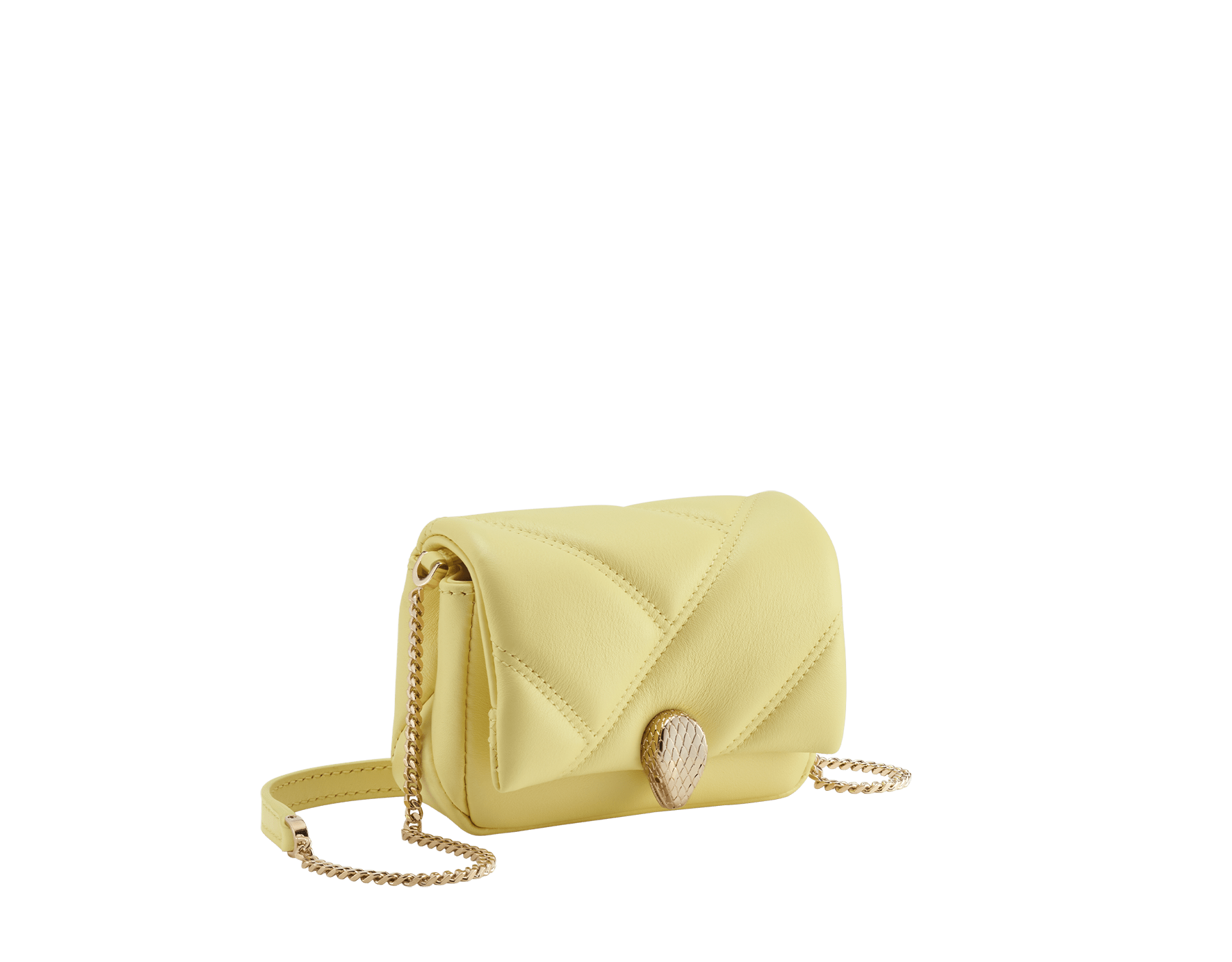 Serpenti Cabochon micro bag in ivory opal calf leather with a maxi matelassé pattern and black nappa leather lining. Captivating snakehead closure in gold-plated brass embellished with red enamel eyes. SCB-NANOCABOCHON image 1