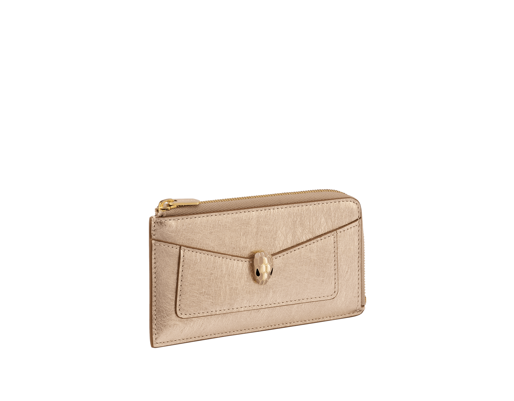 Serpenti Forever folded card holder in light gold Striated calf leather with linen agate nappa leather interior. Captivating snakehead décor in light gold-plated brass embellished with champagne enamel and light gold-plated brass scales, and black enamel eyes. SEA-CC-HOLD-ZIP-R image 1