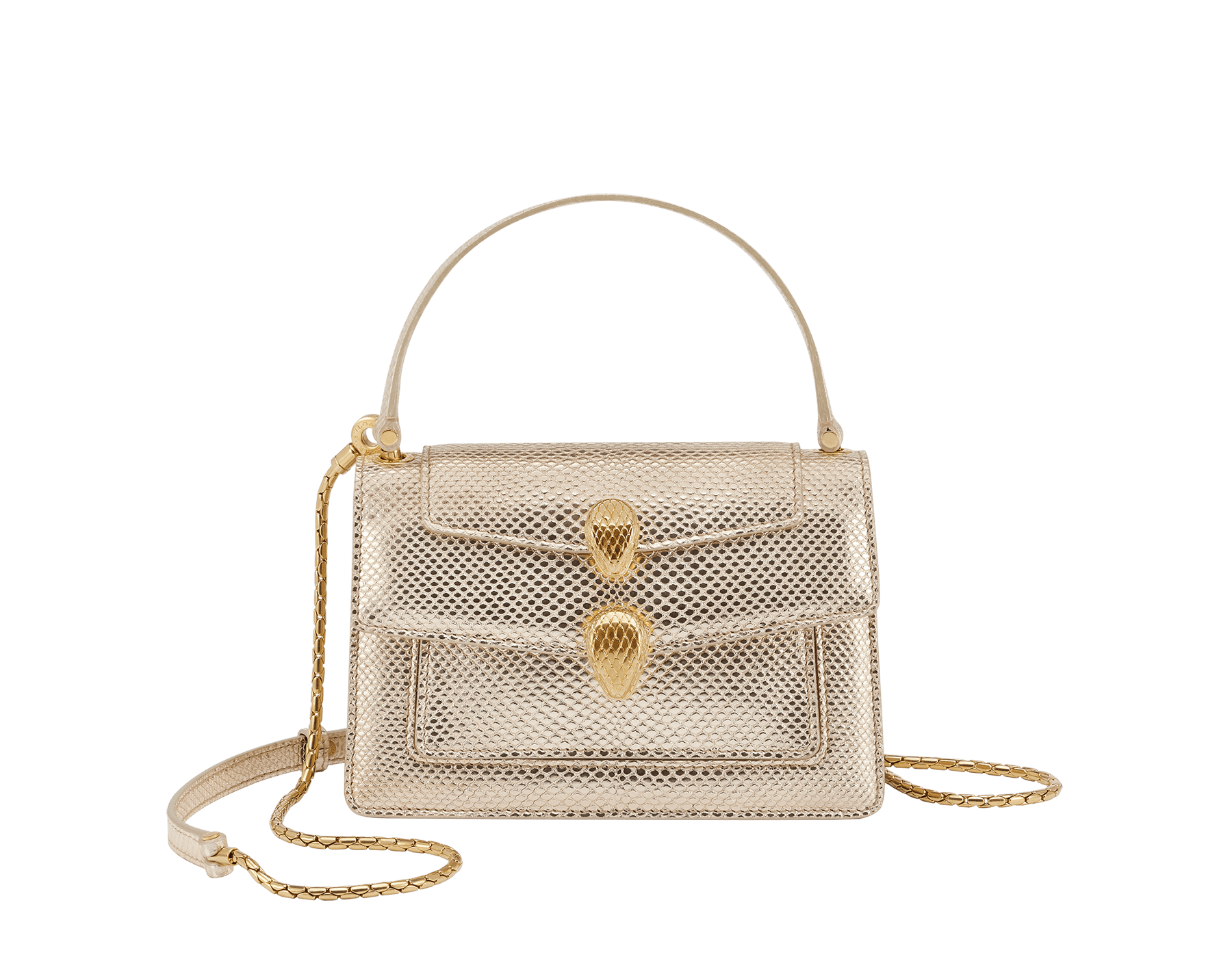 Alexander Wang x Bulgari belt bag in light gold Molten karung skin with black nappa leather lining. Exclusively redesigned double Serpenti head clasp in antique gold-plated brass with seductive red enamel eyes. 291188 image 1