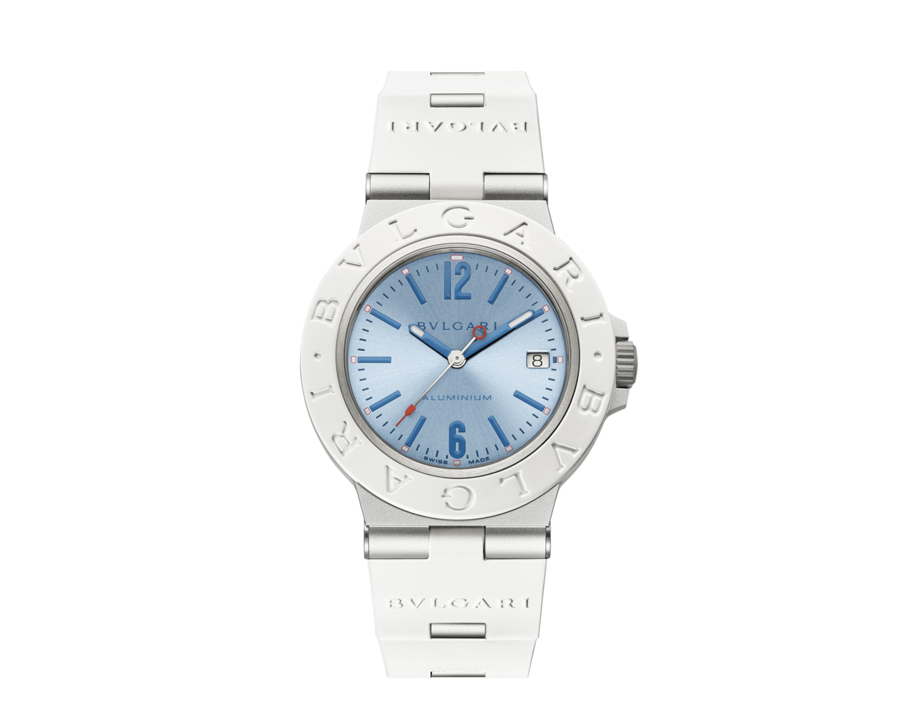 Bvlgari Aluminium Ice Blue Automatic mit mechanischem Manufakturwerk, Automatikaufzug, 40-mm-Gehäuse aus sandgestrahltem Aluminium, Lünette und Armband aus weißem Kautschuk, blaues Zifferblatt mit Sonnenschliff. Wasserdicht bis 100&nbsp;Meter. Limited Edition 104309 image 1