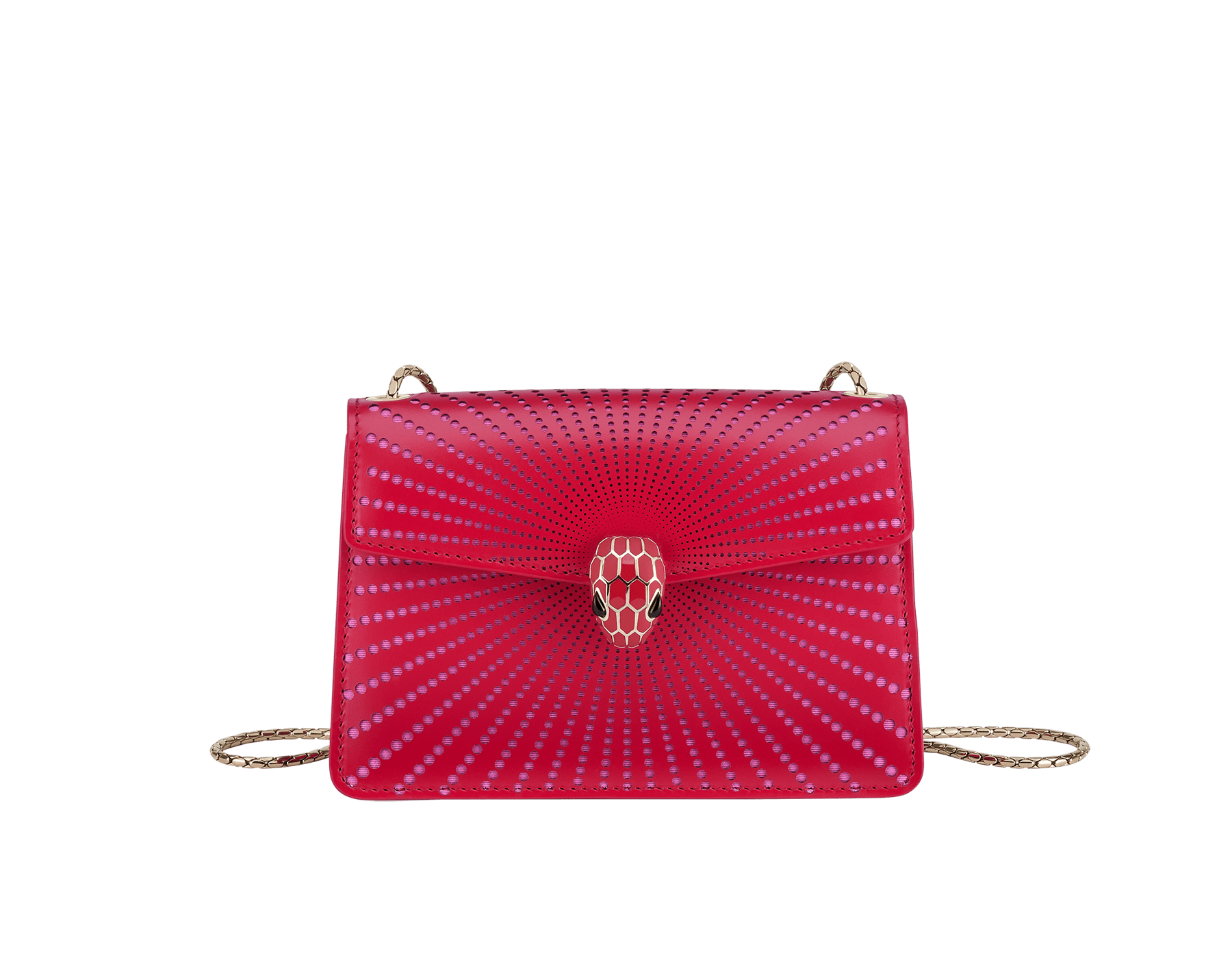 Serpenti Forever mini crossbody bag in amaranth garnet red laser-cut calf leather with taffy quartz pink nappa leather lining. Captivating snakehead closure in light gold-plated brass embellished with matt and shiny amaranth garnet red enamel scales and black onyx eyes. Online Exclusive. 986-LCL image 1