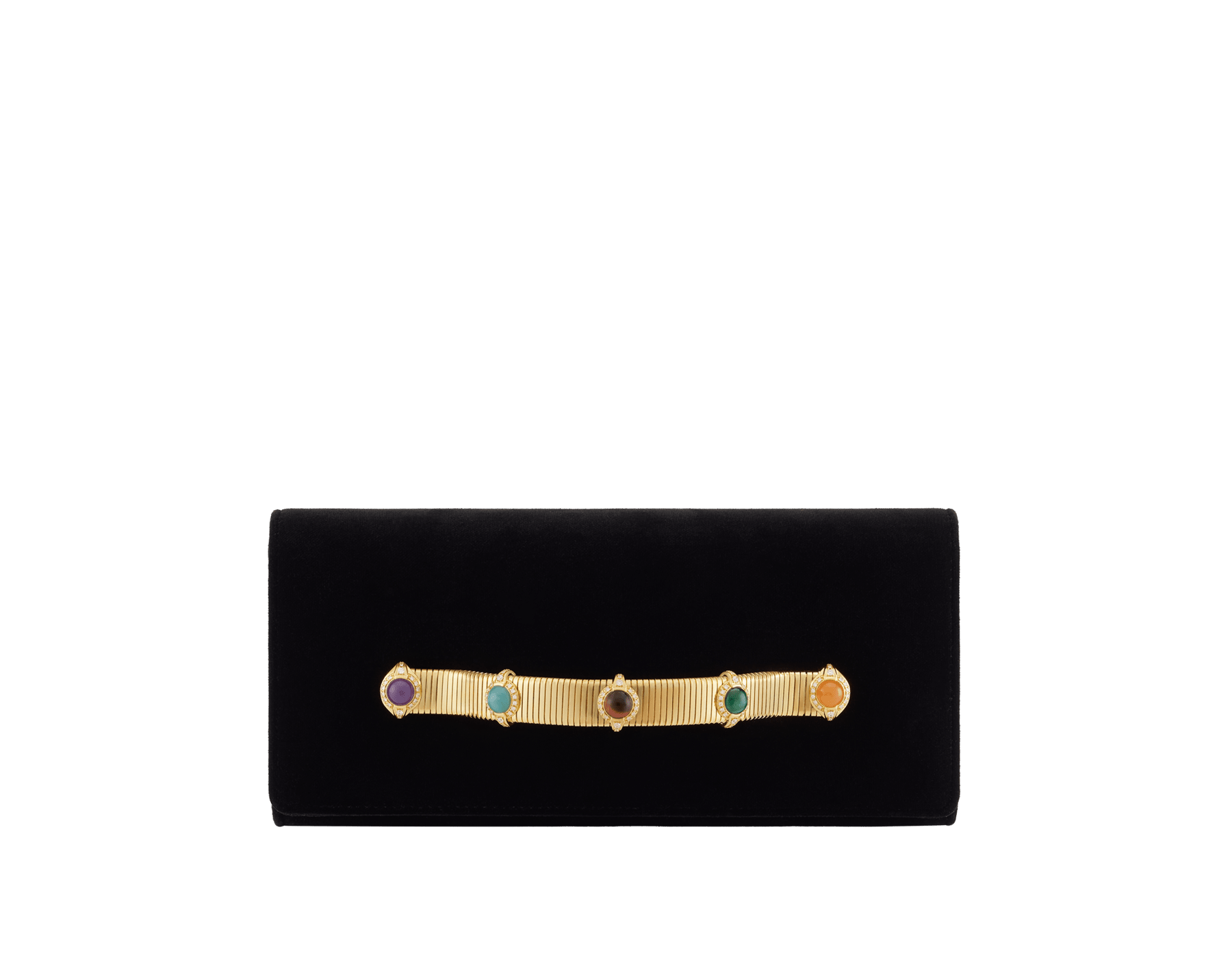 Pochette de soirée Bvlgari Tubogas Cabochon en velours noir avec doublure en cuir nappa noir. Poignée Tubogas emblématique en laiton doré ornée de pierres colorées taille cabochon, de zircones et d’un fermoir magnétique. TGC-001-1393S-velvet image 1