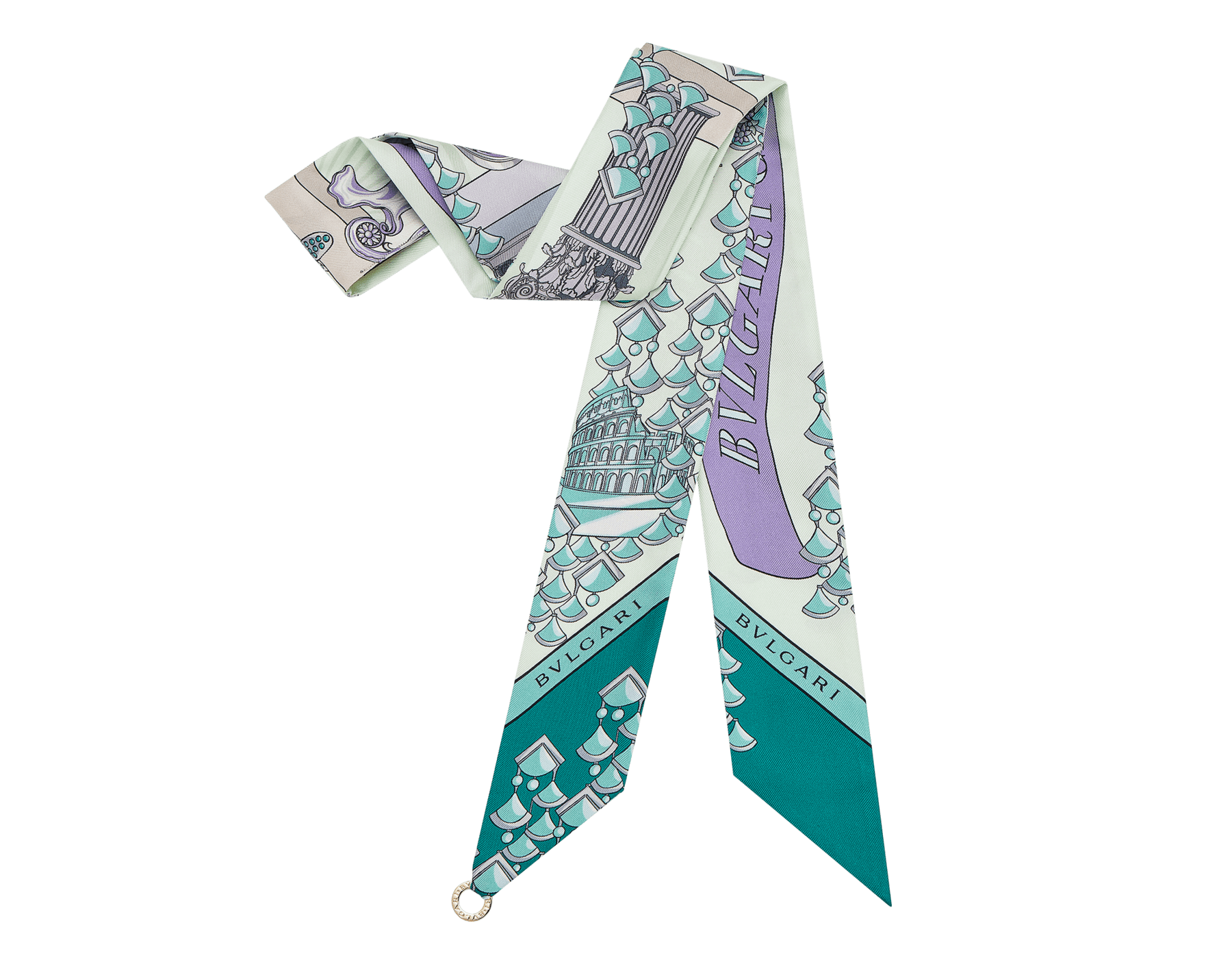 Étole Bvlgari Curiosity en sergé de soie fine couleur péridot clair dotée d’un pendentif en métal BVLGARI BVLGARI. Modèle confectionné à 100&nbsp;% de soie. BULGARICURIOSITYSH image 1