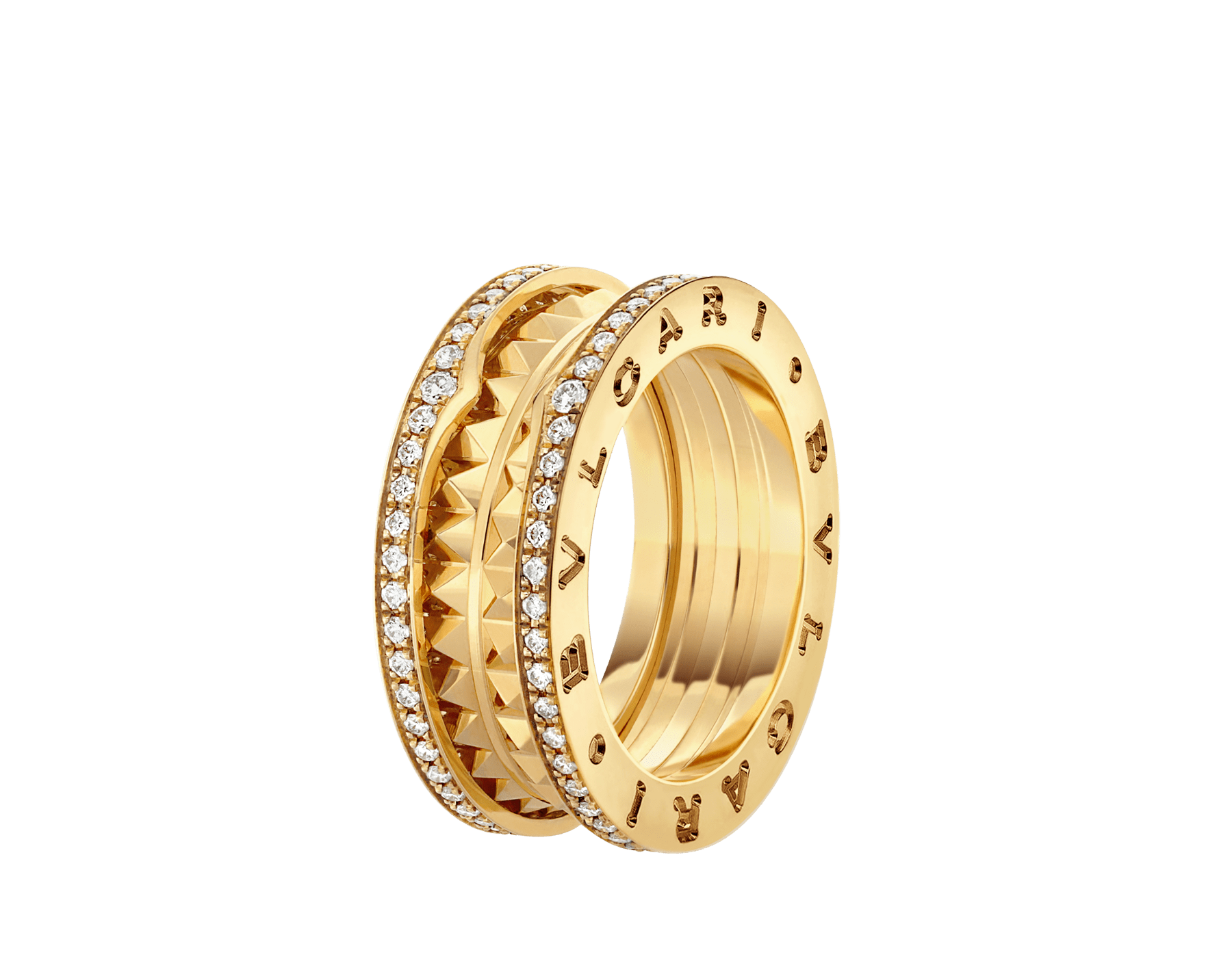 „B.zero1 Rock“ 2-Band-Ring aus 18 Karat Gelbgold mit Spirale mit Nieten und Diamant-Pavé an den Rändern. AN859092 image 1