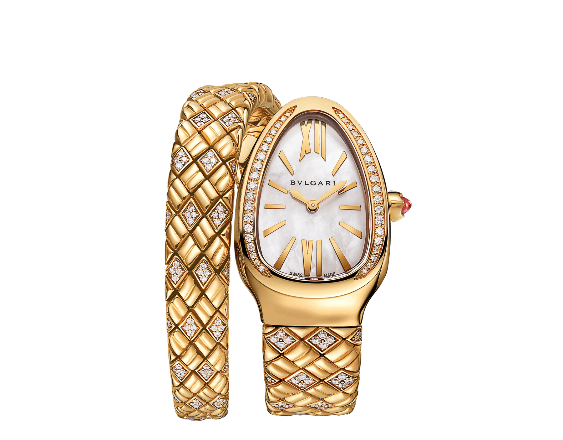 Serpenti Spiga single-spiral watch in 18 kt yellow gold with diamond-set bezel and bracelet, and white mother-of-pearl dial. Water resistant up to 30 meters SERPENTI-SPIGA-SPP35LAPPGD1-1TT image 1
