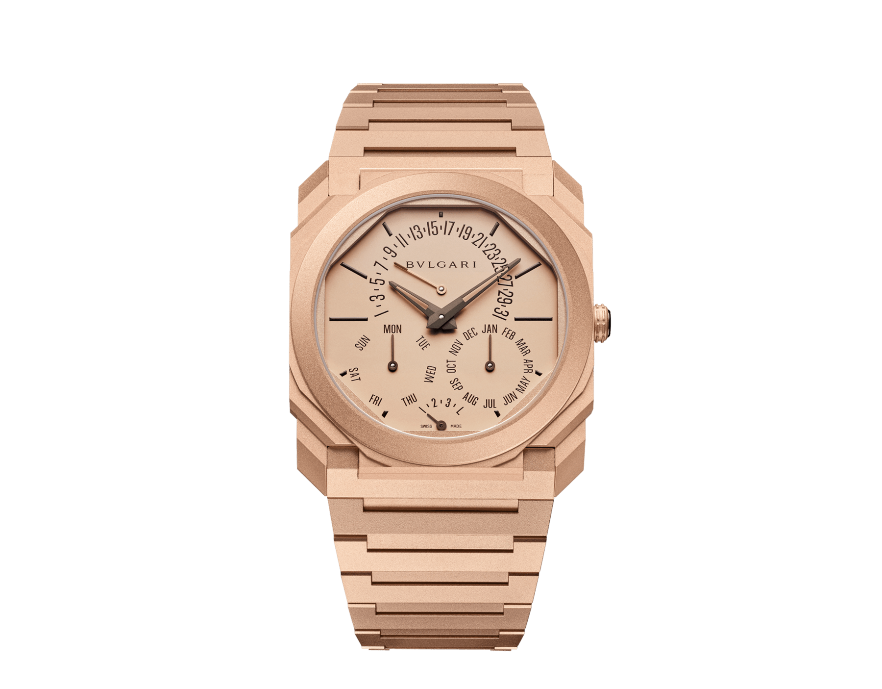 Octo Finissimo Perpetual Calendar watch with mechanical manufacture ultra-thin movement (2.75 mm thin), automatic winding, perpetual calendar, sandblasted 18 kt rose gold case and bracelet, rose gold dial, brown hands and indexes. Water resistant up to 30 metres 104175 image 1