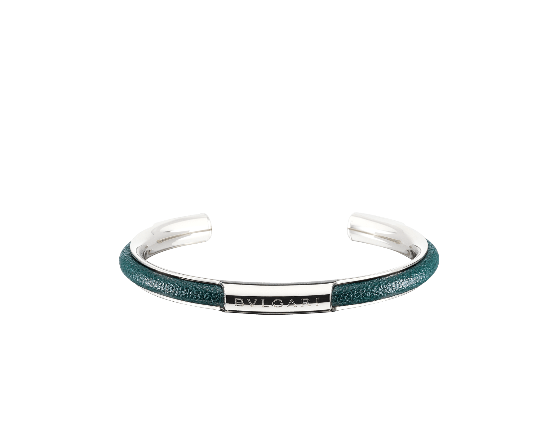 "BVLGARI BVLGARI" men's bangle bracelet in palladium plated brass with Forest Emerald green "Urban" grainy calf leather inserts. "BVLGARI" engraving in the middle. BBM-LOGOCONTR-UCL-FE image 1